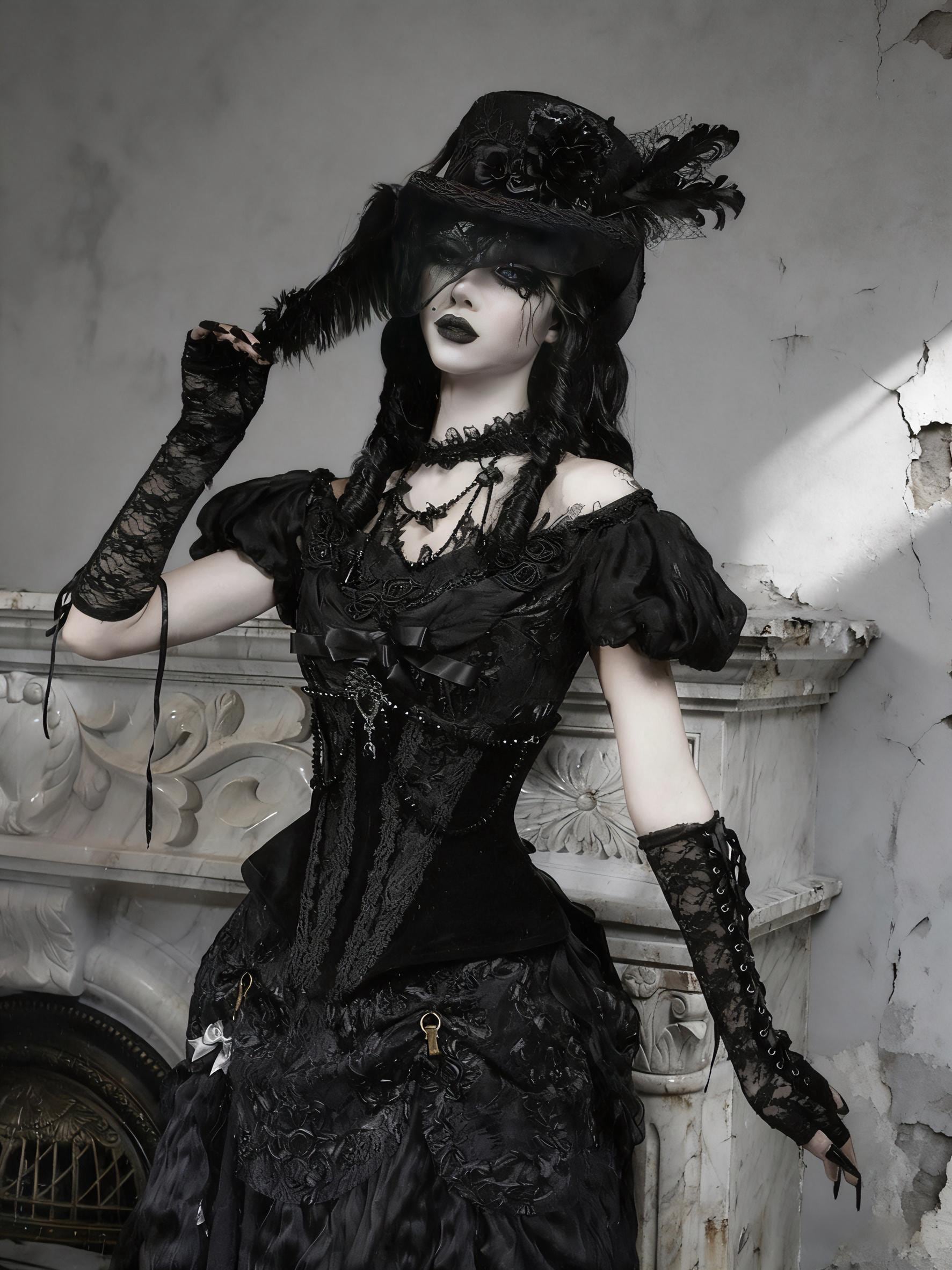 gothic corset dress model posing dark romantic vampire styling