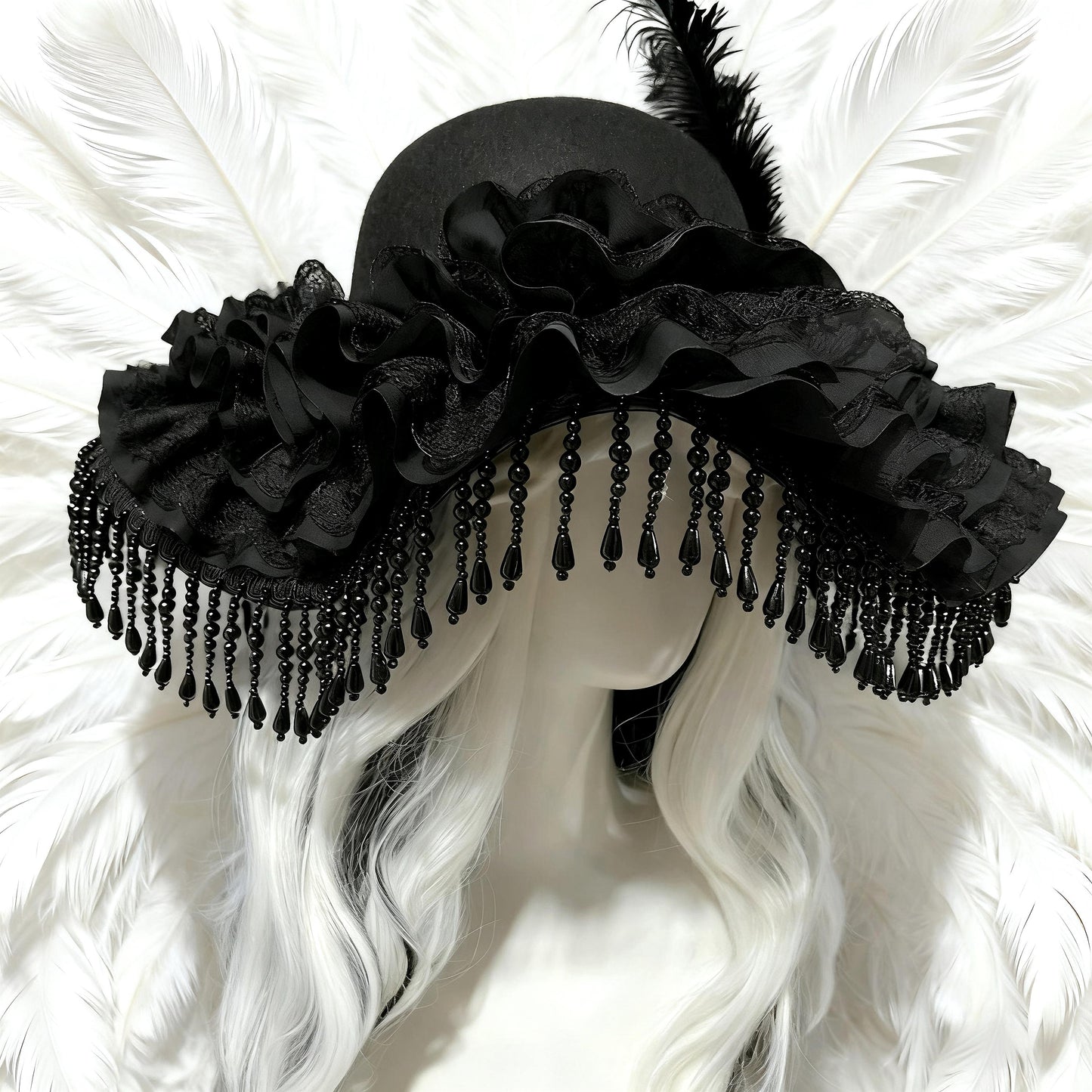 Manor Mistress Gothic Hat – Black Wool Felt Victorian Feather Hat, Baroque Lace Ruffle Bonnet with Beaded Fringe, Vampire Costume Accessory