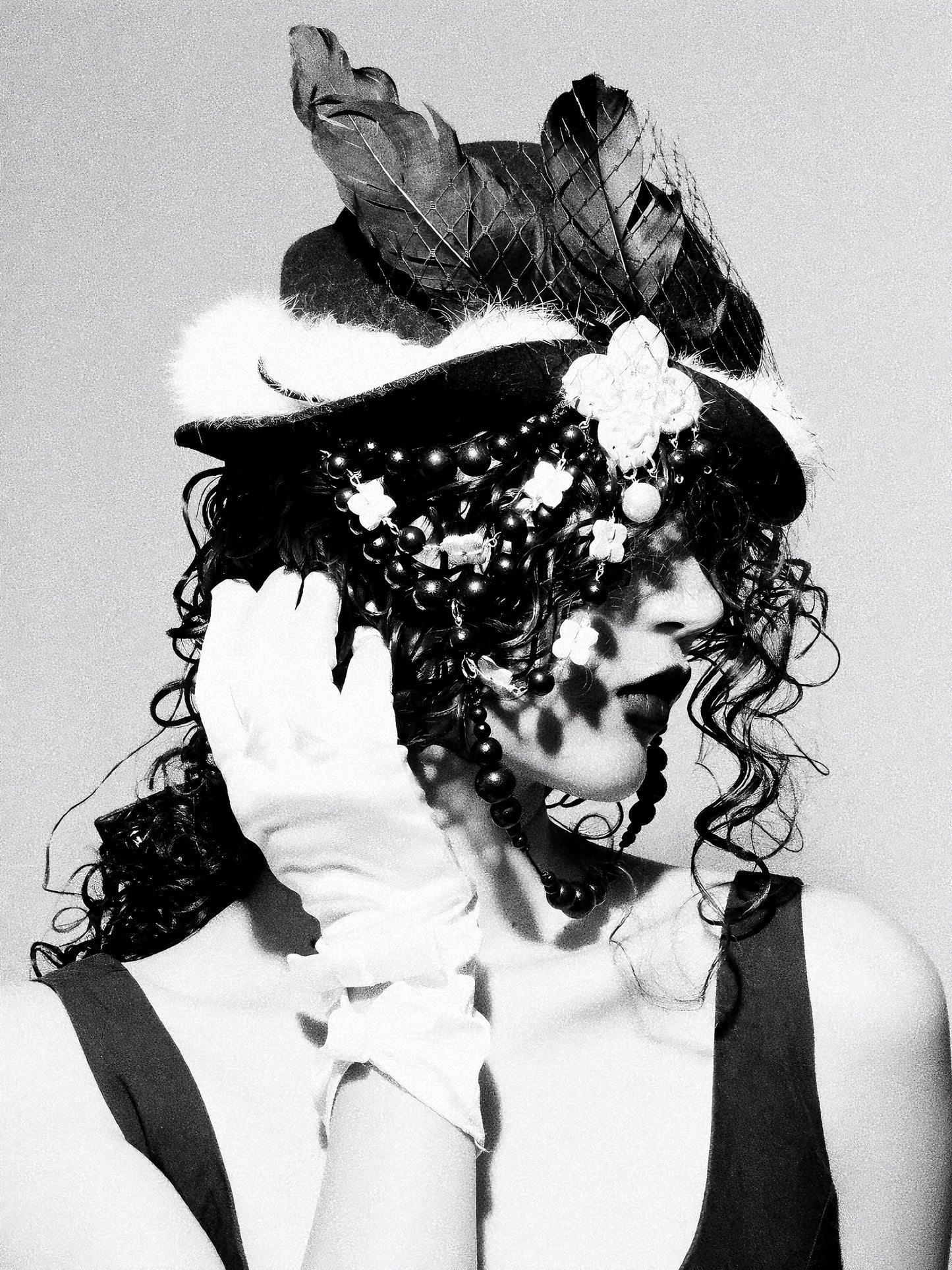 Gothic Wool Veil Hat Fascinator, Ceramic Flower, Feathers, Beaded Drape, Chrisman Victorian Dark Couture, Gift for her