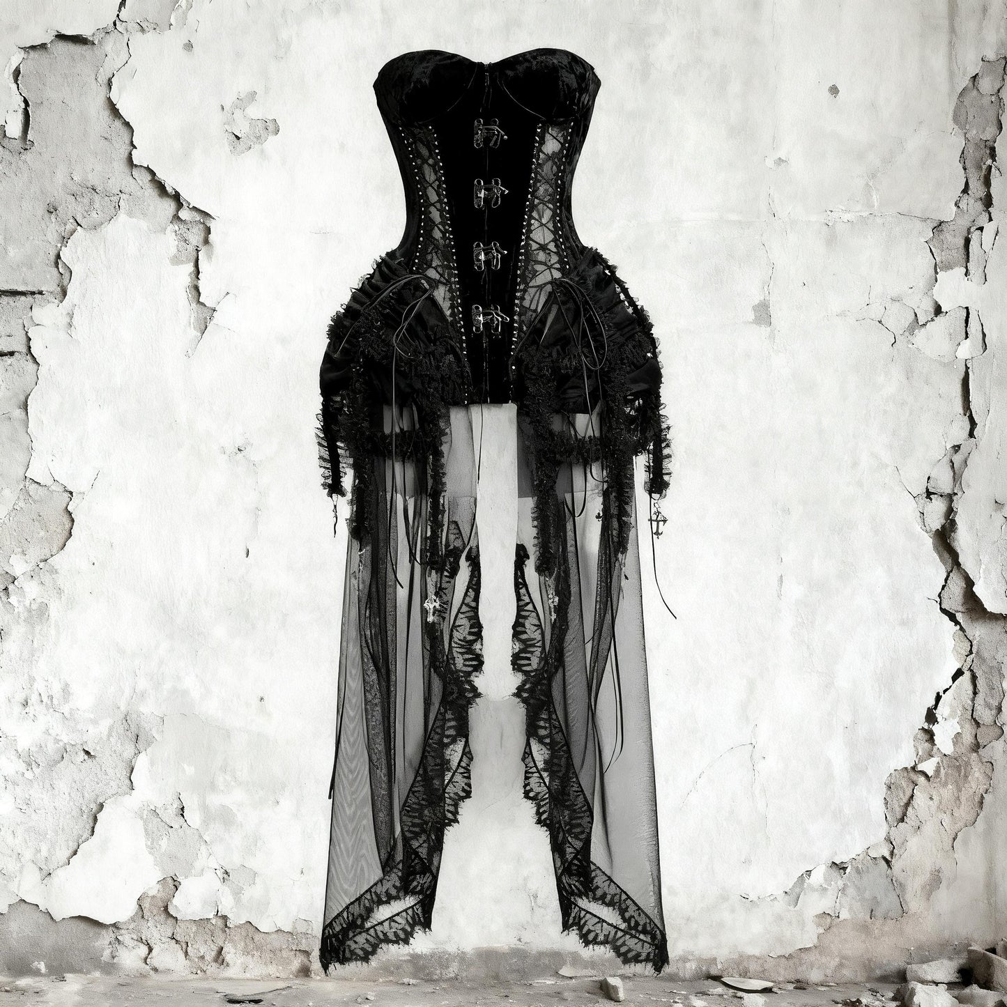 gothic corset set black lace cage skirt