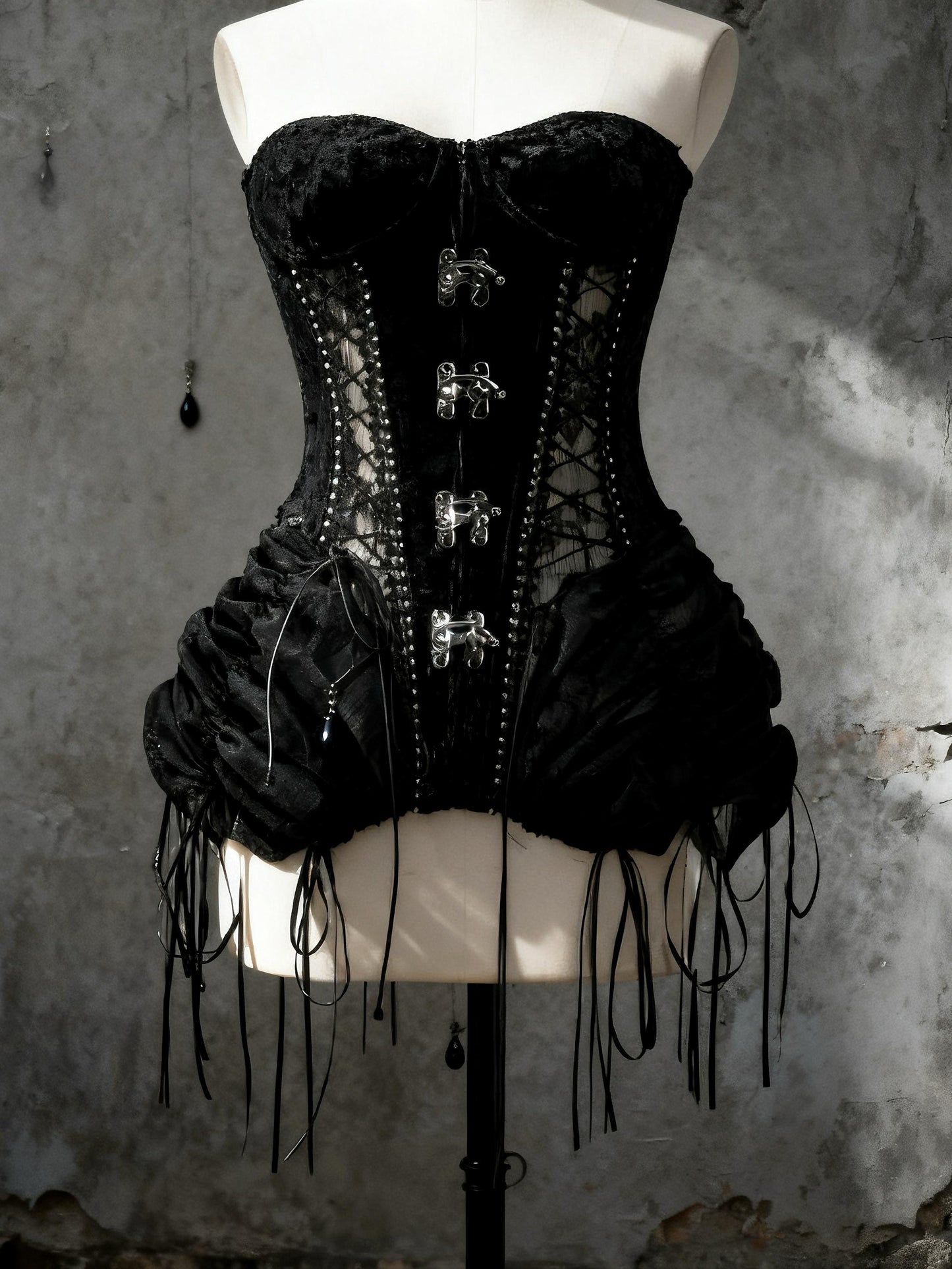 gothic corset set black lace cage skirt