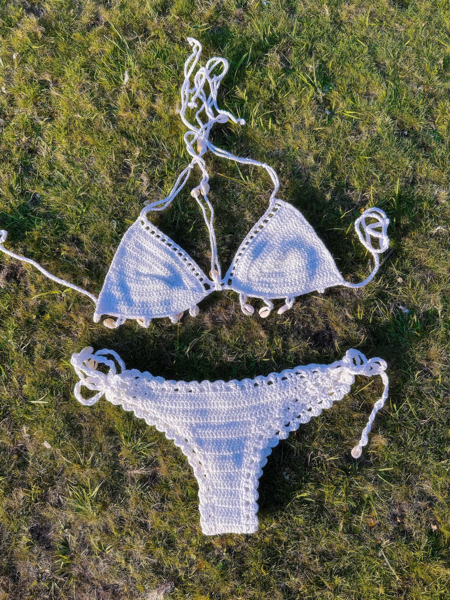 boho crochet bikini seashell design flat lay