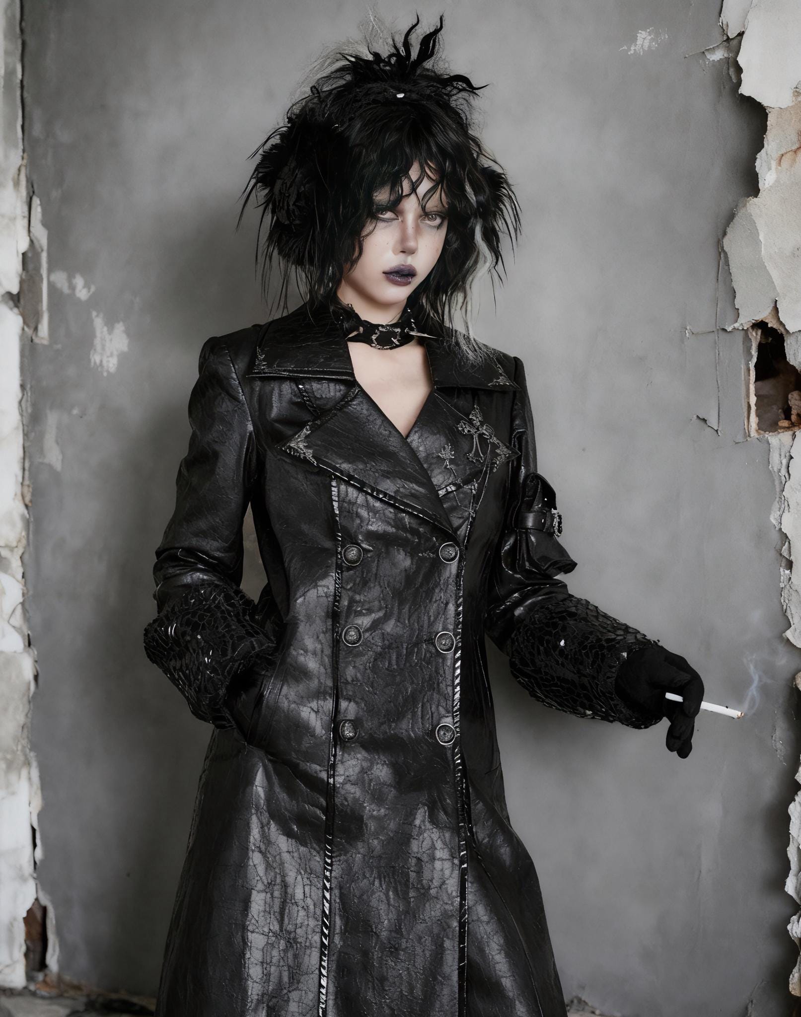 Gothic trench coat side view long black coat