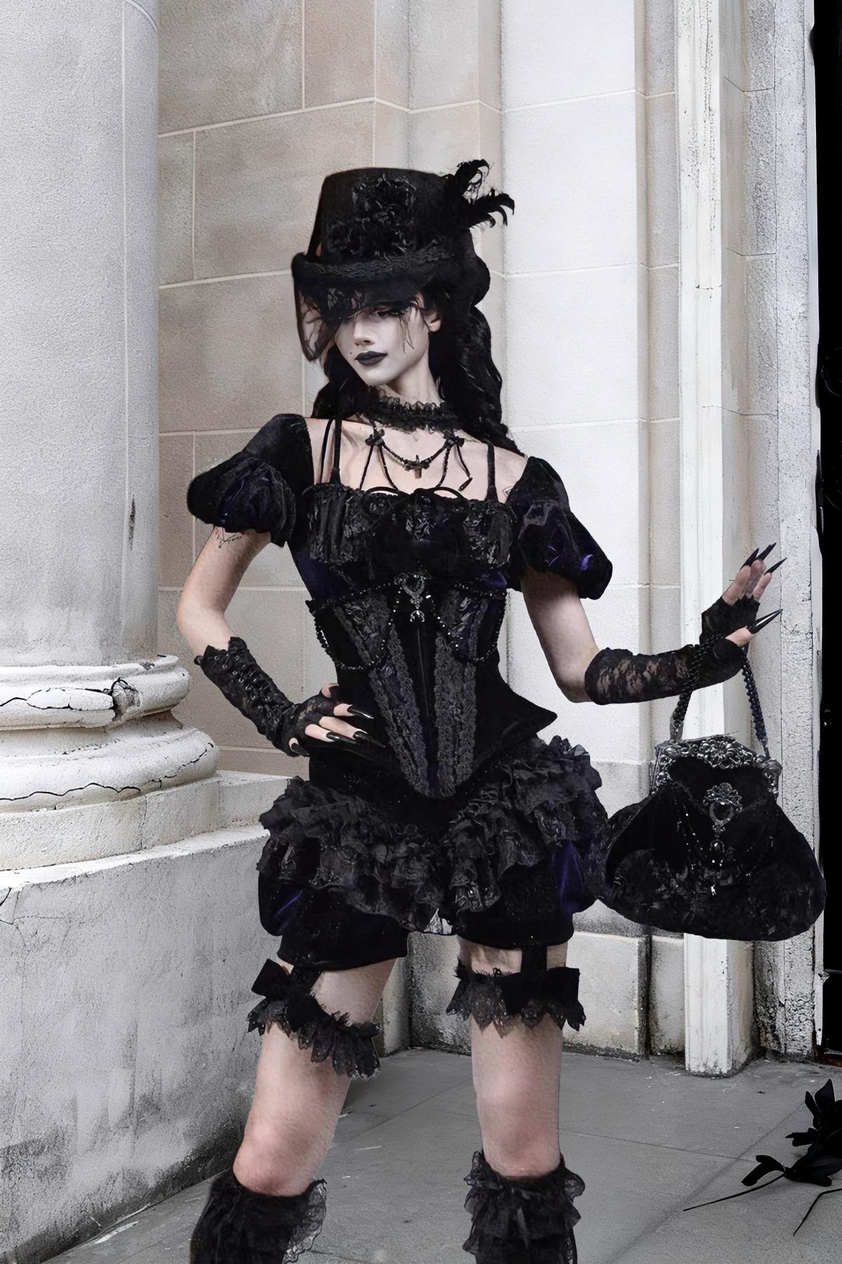 Nocturne Ruffle Bloomers | Gothic Lace Shorts with Detachable Garters, Victorian Baroque Ruffled Lingerie, Dark Romantic Outfit