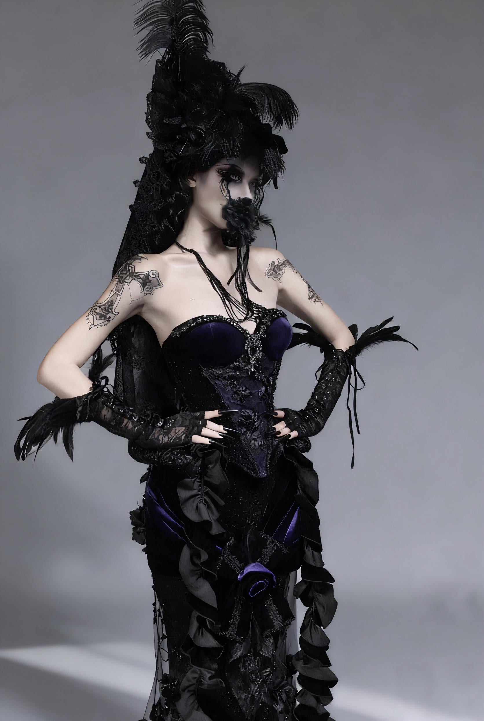 purple gothic corset dress side view flowing skirt tulle detail