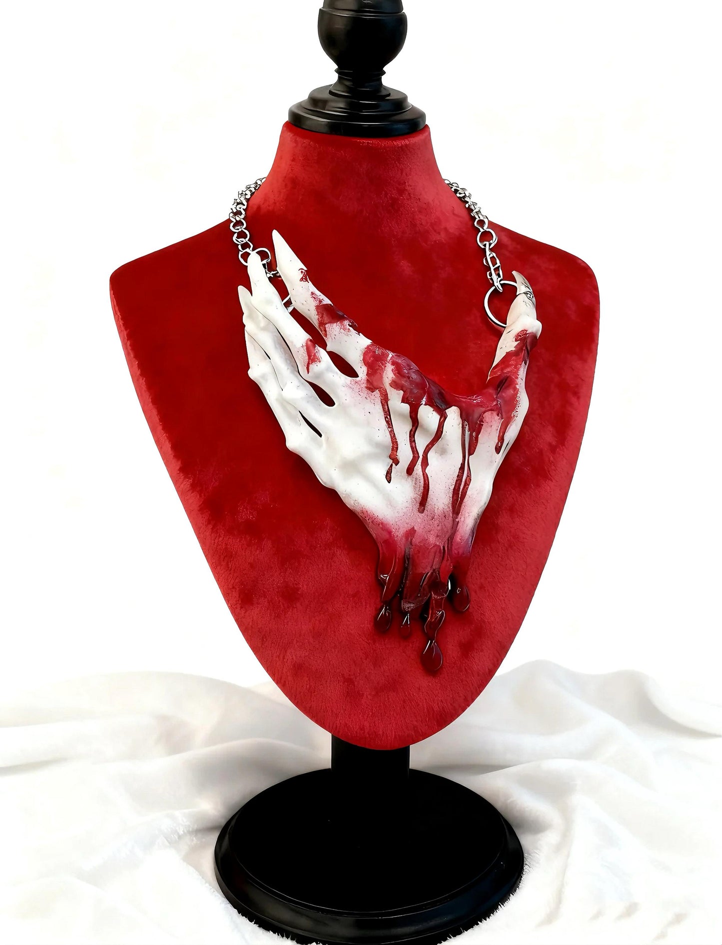Gothic Skeleton Hand Necklace – 3D Printed Resin Statement Choker with Alloy Chain, Dripping Blood White or Black, Horror Art Jewelry, Rave