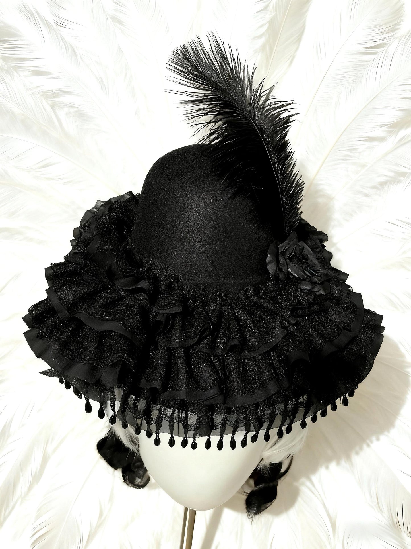 Manor Mistress Gothic Hat – Black Wool Felt Victorian Feather Hat, Baroque Lace Ruffle Bonnet with Beaded Fringe, Vampire Costume Accessory