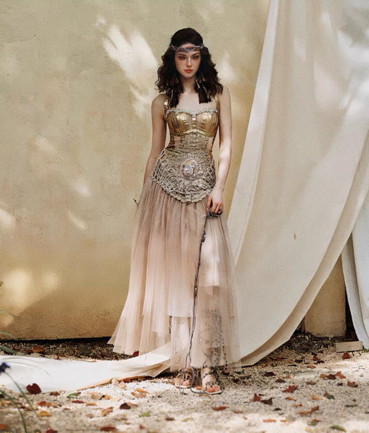 Golden Fairycore Corset Tulle Dress, Vintage-Inspired Lace Bodice Gown, Art Nouveau Fairy Dress, Romantic Couture Outfit, Gift for Her