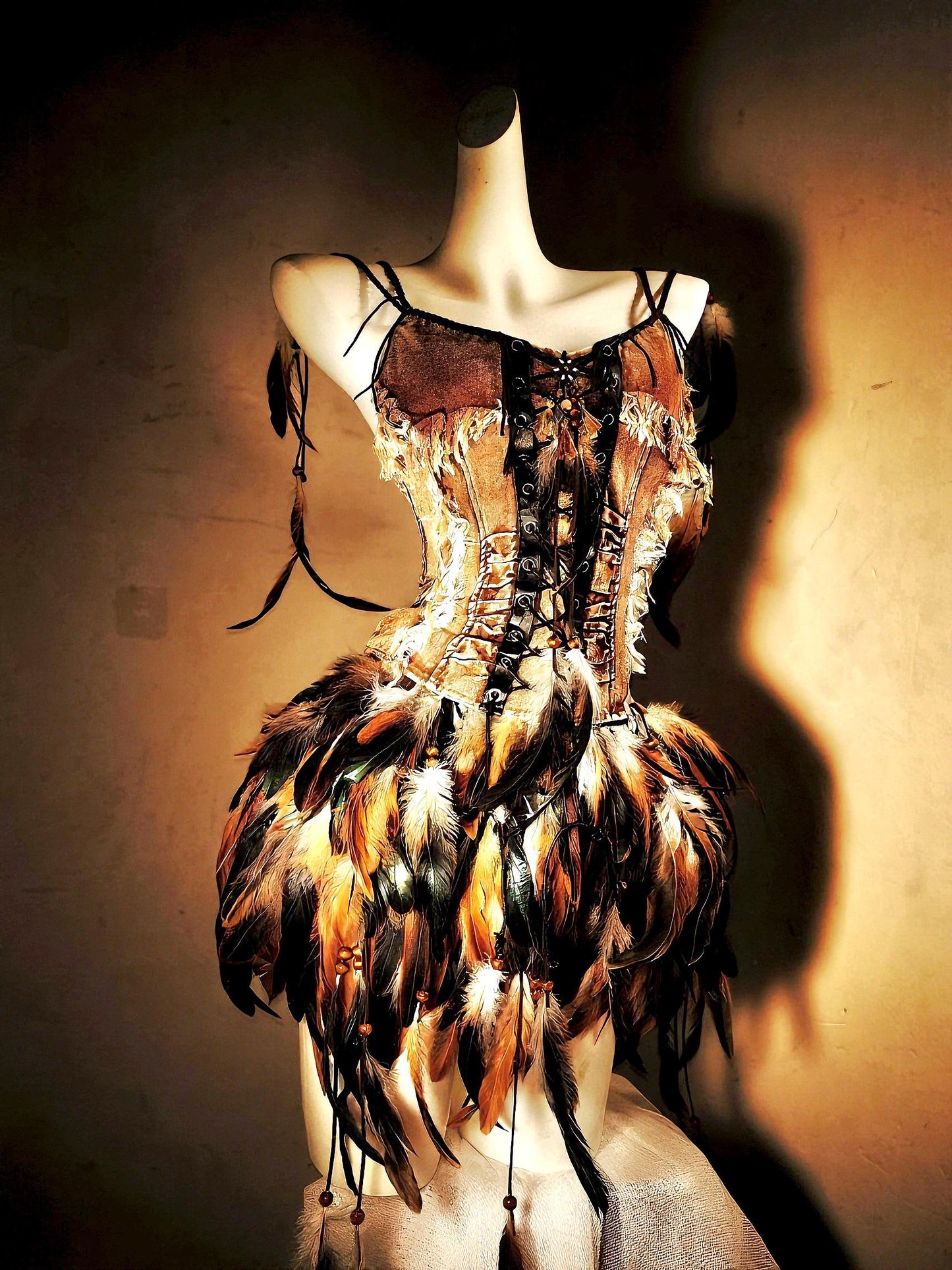 Wild Huntress Feather Costume, Denim & Feathers Ritual Costume, Earth Spirit Feather Corset and Skirts, Warrior Feather, Burningman Outfit