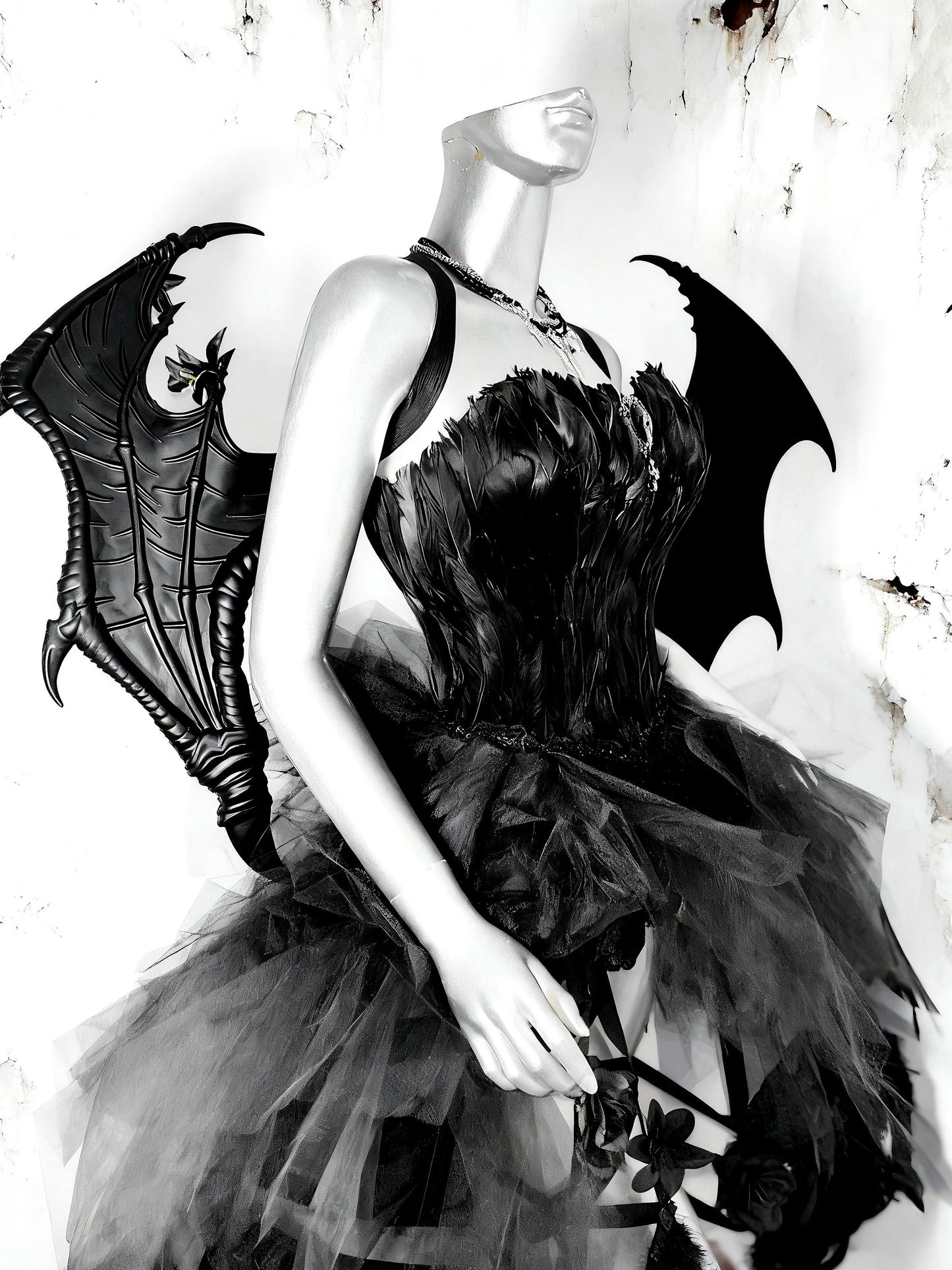 Dark Gothic Rave Festival Outfit, Black Feather Corset Gown with Dragon Wings, Fantasy Cage Skirt Dress for Halloween & Shows, Cosplay