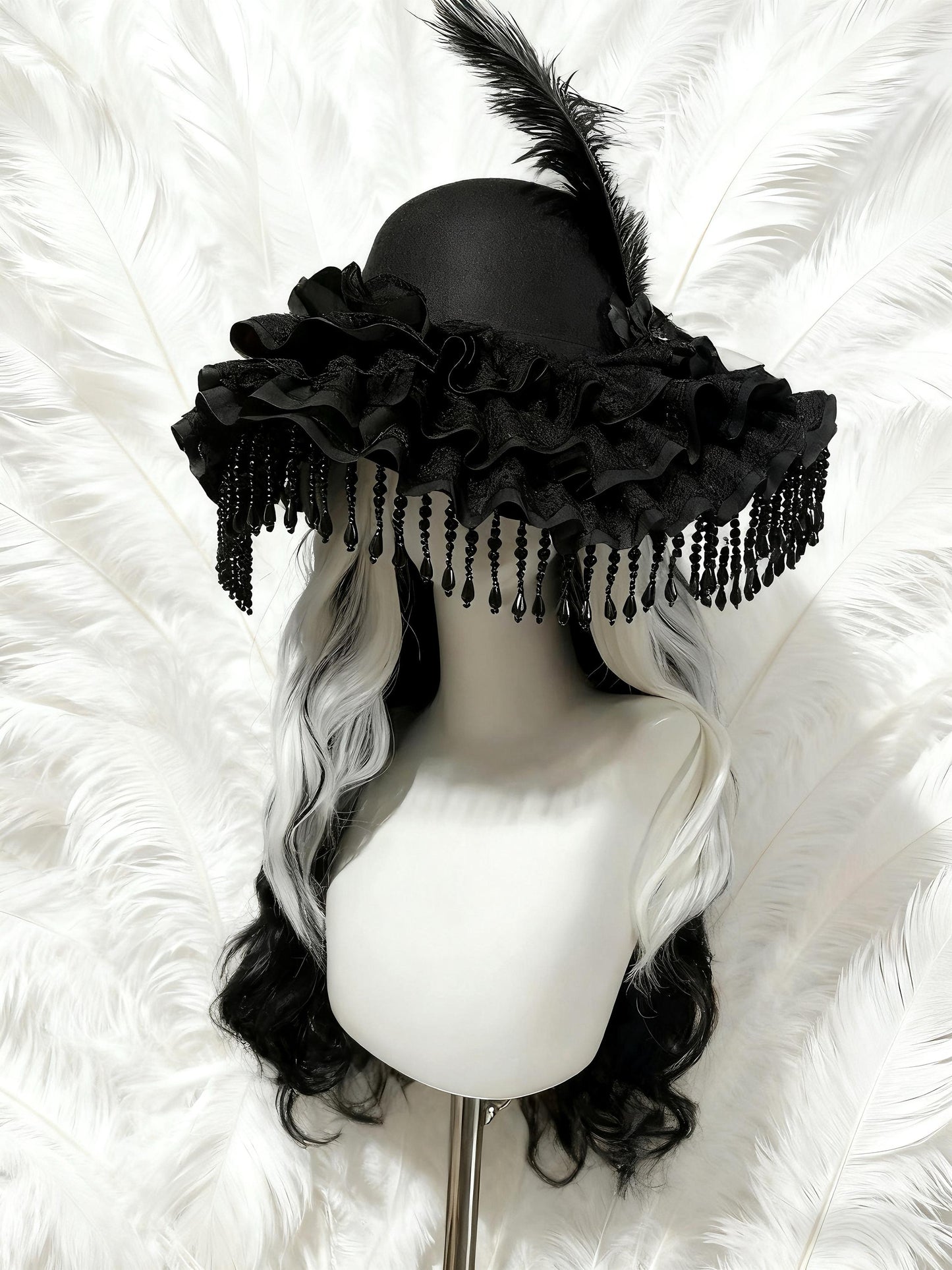 Manor Mistress Gothic Hat – Black Wool Felt Victorian Feather Hat, Baroque Lace Ruffle Bonnet with Beaded Fringe, Vampire Costume Accessory