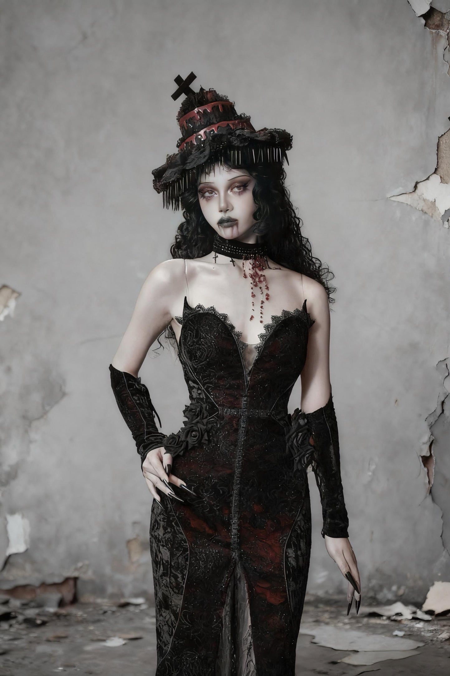 Scarlet Witch Gothic Mermaid Dress | Black Velvet Corset Gown, Dark Red Lace Evening Dress, Holiday Vampire Ball Outfit