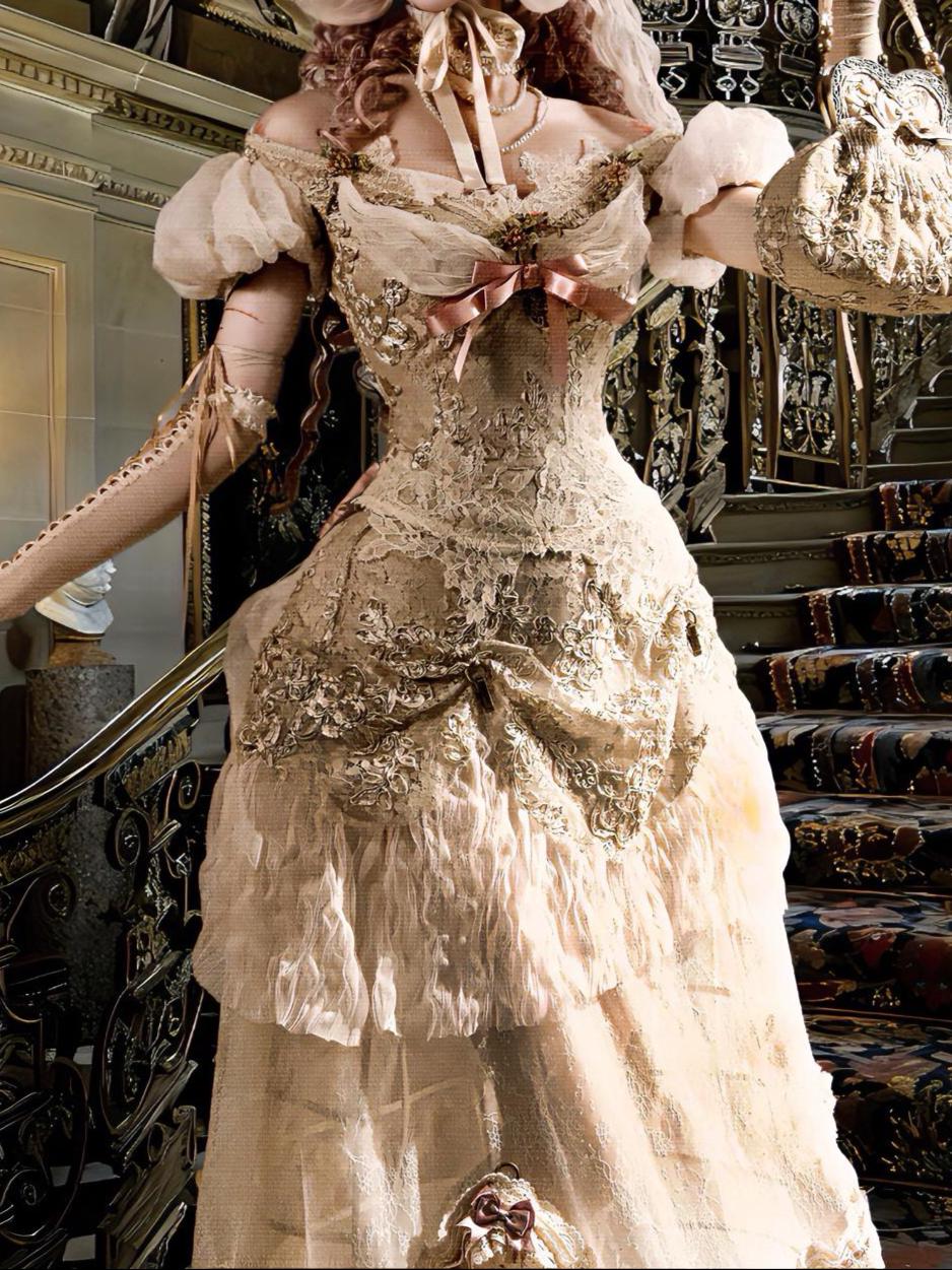 Baroque Blush Garden Lace Ball Gown with Bustle | Rococo Beige Pink Dress, Victorian Christmas Outfit, New Year Gala Historical Gown