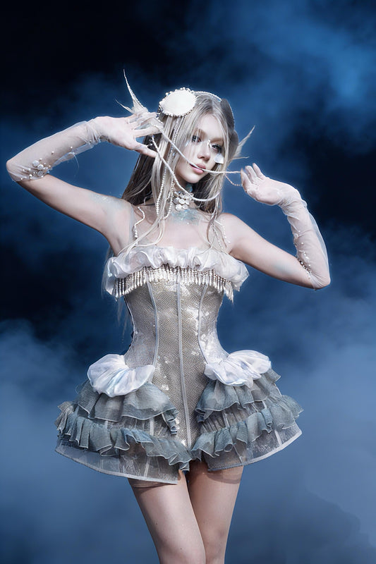 Ethereal Corset Dress with Detachable Jellyfish Skirt, Sheer Fairy Dress, Fantasy Rave Outfit, Gothic Romantic Look, Pastel Gothic