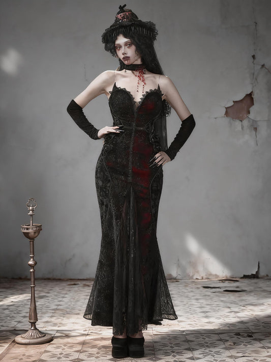 Scarlet Witch Gothic Mermaid Dress | Black Velvet Corset Gown, Dark Red Lace Evening Dress, Holiday Vampire Ball Outfit