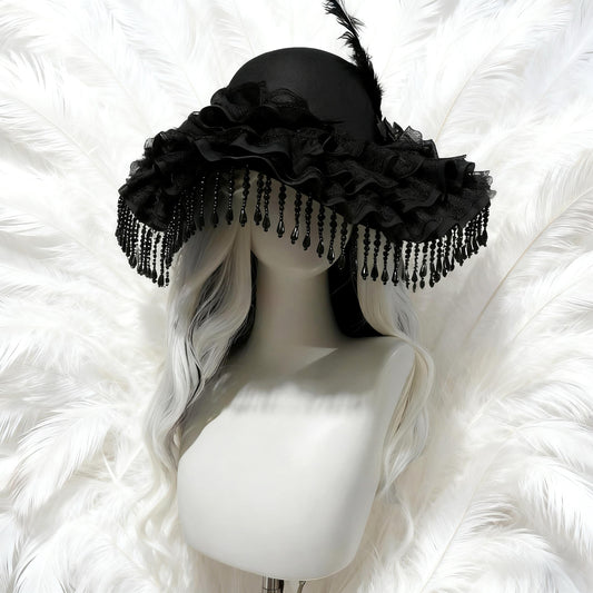 Manor Mistress Gothic Hat – Black Wool Felt Victorian Feather Hat, Baroque Lace Ruffle Bonnet with Beaded Fringe, Vampire Costume Accessory