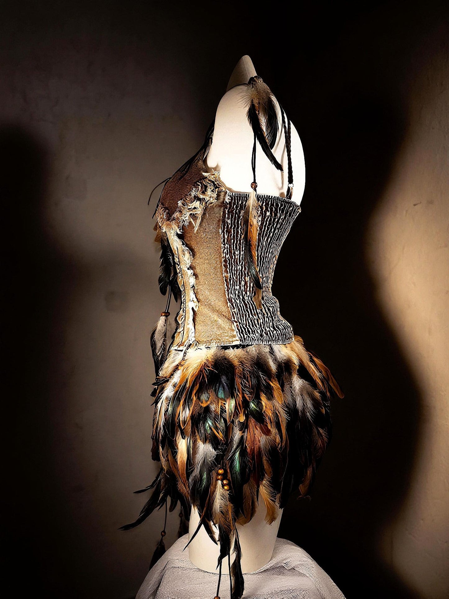 Wild Huntress Feather Costume, Denim & Feathers Ritual Costume, Earth Spirit Feather Corset and Skirts, Warrior Feather, Burningman Outfit