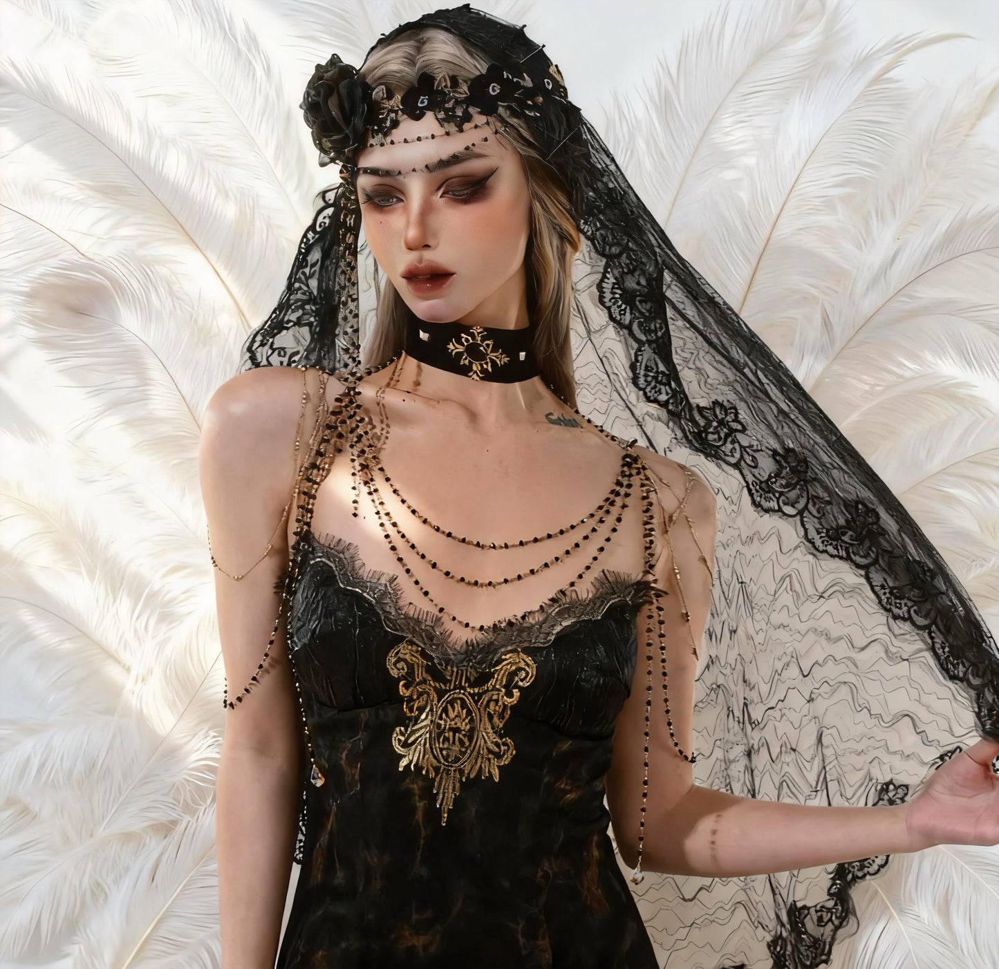 Eclipsed Saint Veil – Gothic Black Lace Veil & Beaded Headpiece Set, Vampire Bride Headdress, Dark Wedding Shawl, Witch Nun Costume