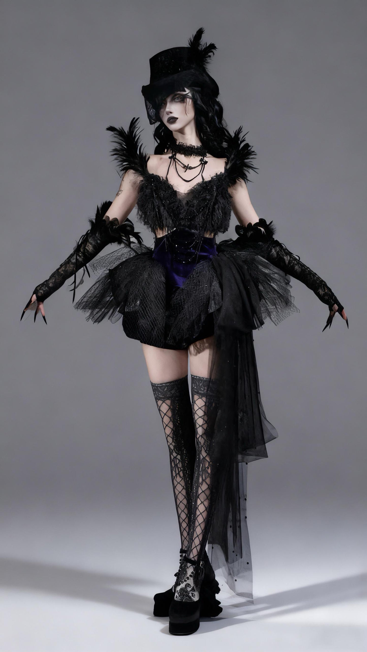 dark swan gothic feather dress black corset mini dress front view