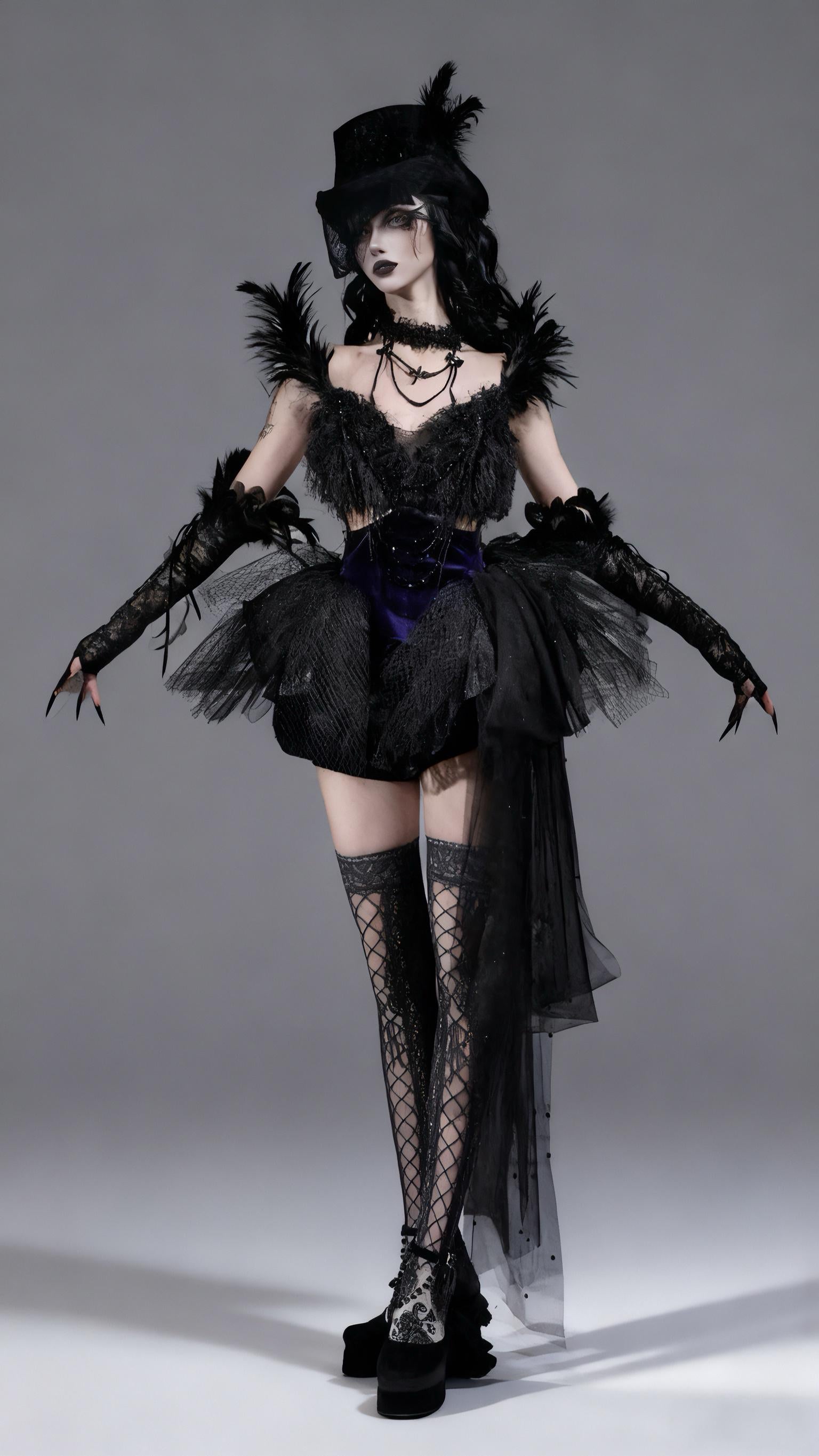 dark swan gothic feather dress black corset mini dress front view