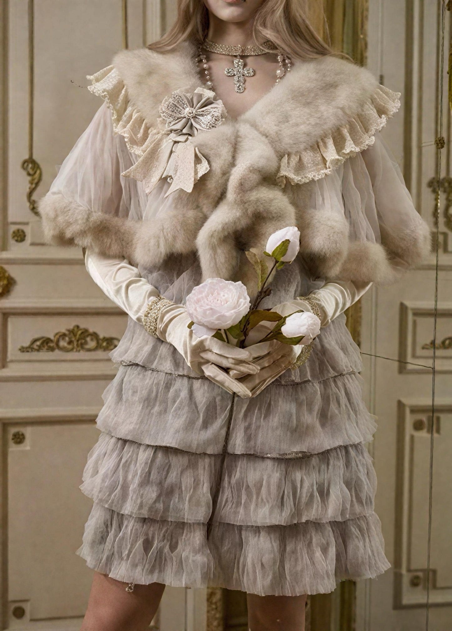beige vintage faux fur cape lace trim romantic victorian shawl