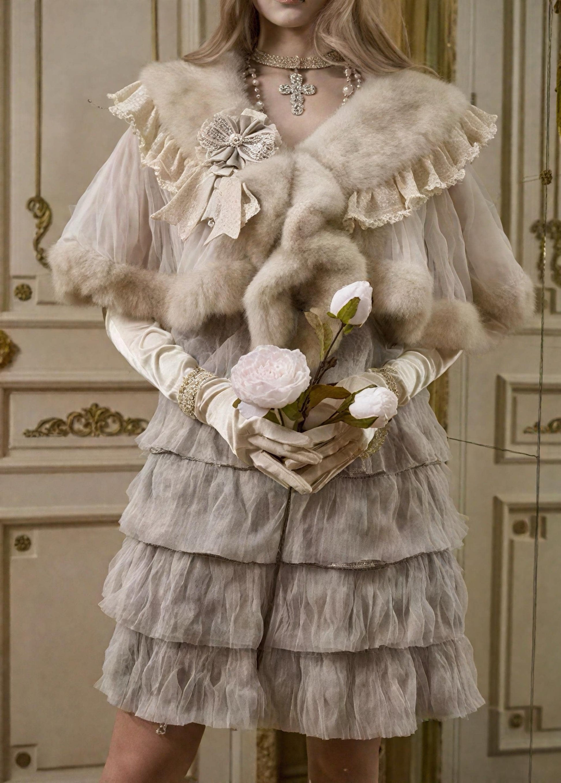 beige vintage faux fur cape lace trim romantic victorian shawl