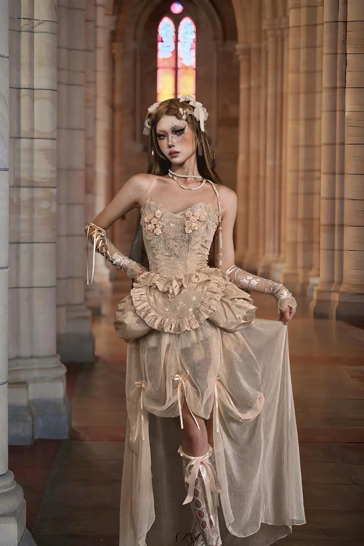 Rococo Blush Garden Corset | 3D Rose Lace Bodice, Fairycore Apron Peplum, Bridal fantasy themes, Xmas & New Year Outfit, Baroque Party Dress