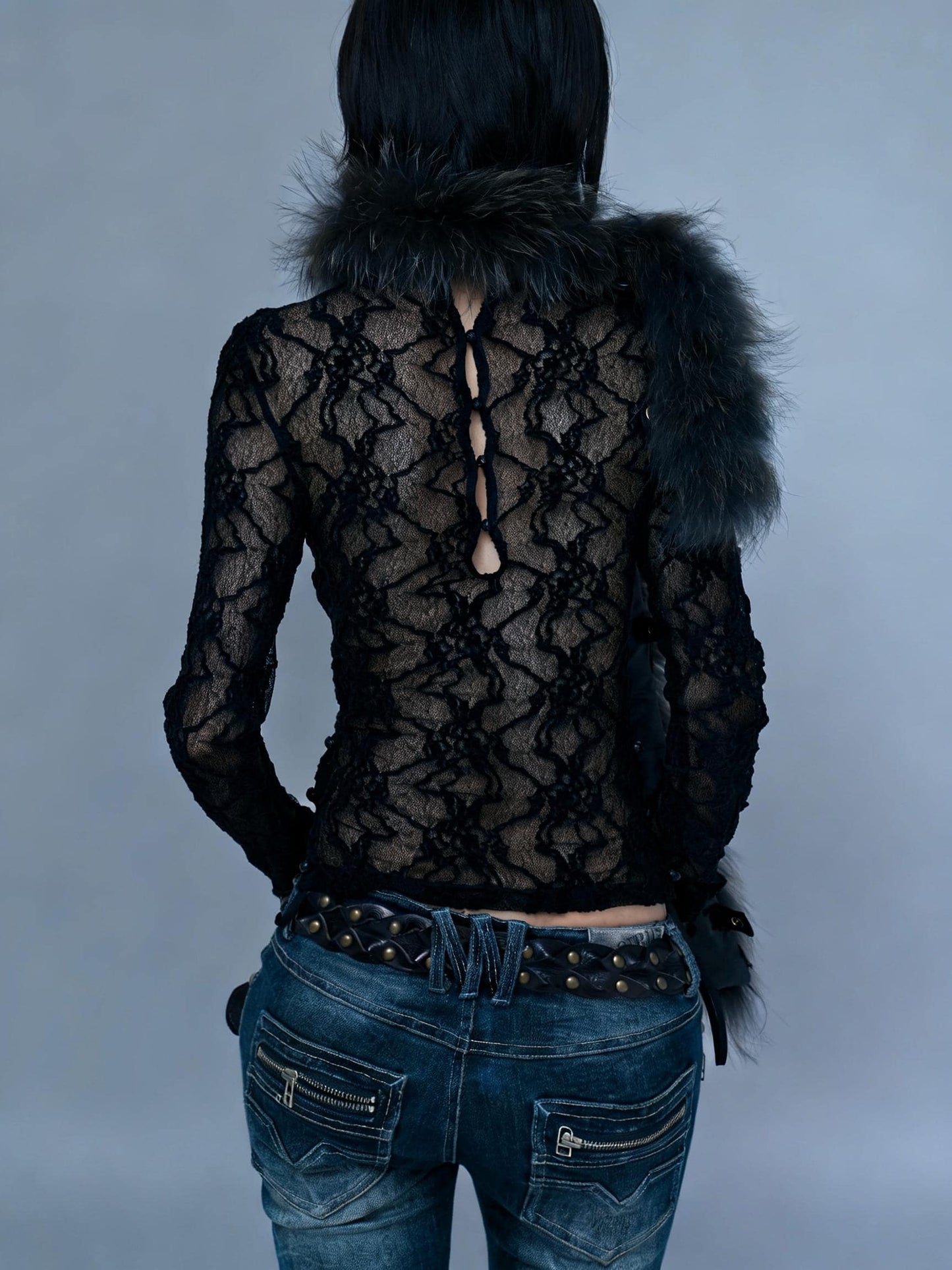 Gothic Black Lace Convertible Sheer Blouse, 2-Way Sheer Corset-Inspired Top, Long Sleeve or Sleeveless Camisole, Grunge Darkwear