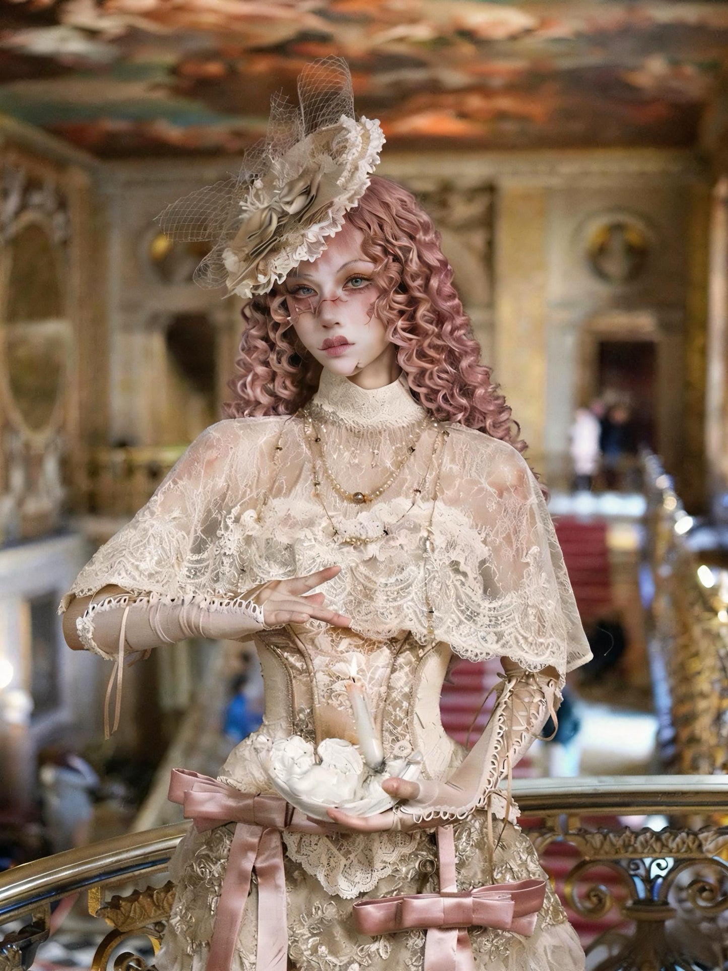 Victorian Lace Cape Top with Pearl Necklace, Sheer Gothic Lace Blouse, Antique Style Beaded Necklace, Romantic Gothic Layering Piece