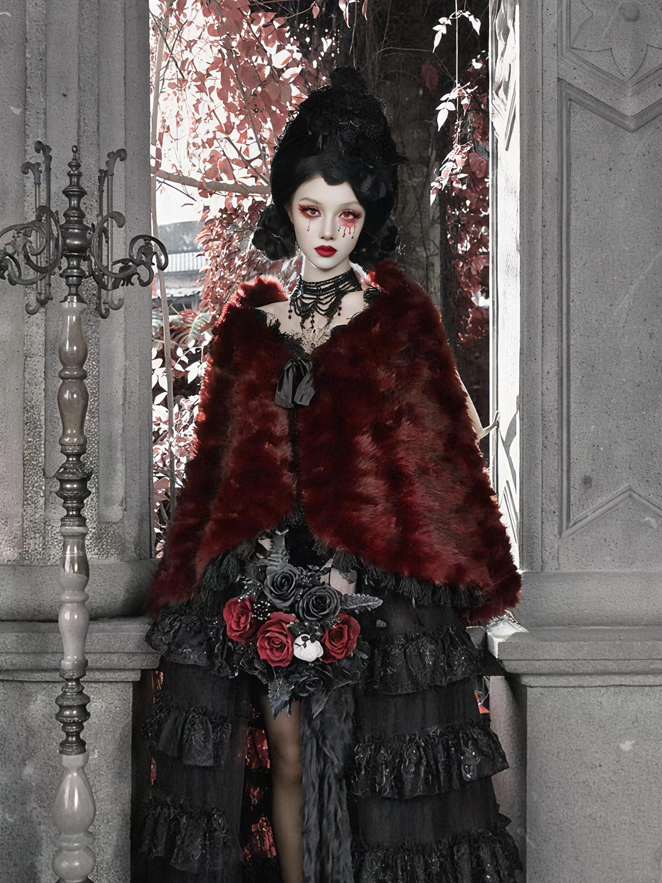 Crimson Duchess Faux Fur Shawl | Gothic Holiday Outwear, Vintage Red Wrap Coat for Christmas Party, Winter Ball & New Year Gala