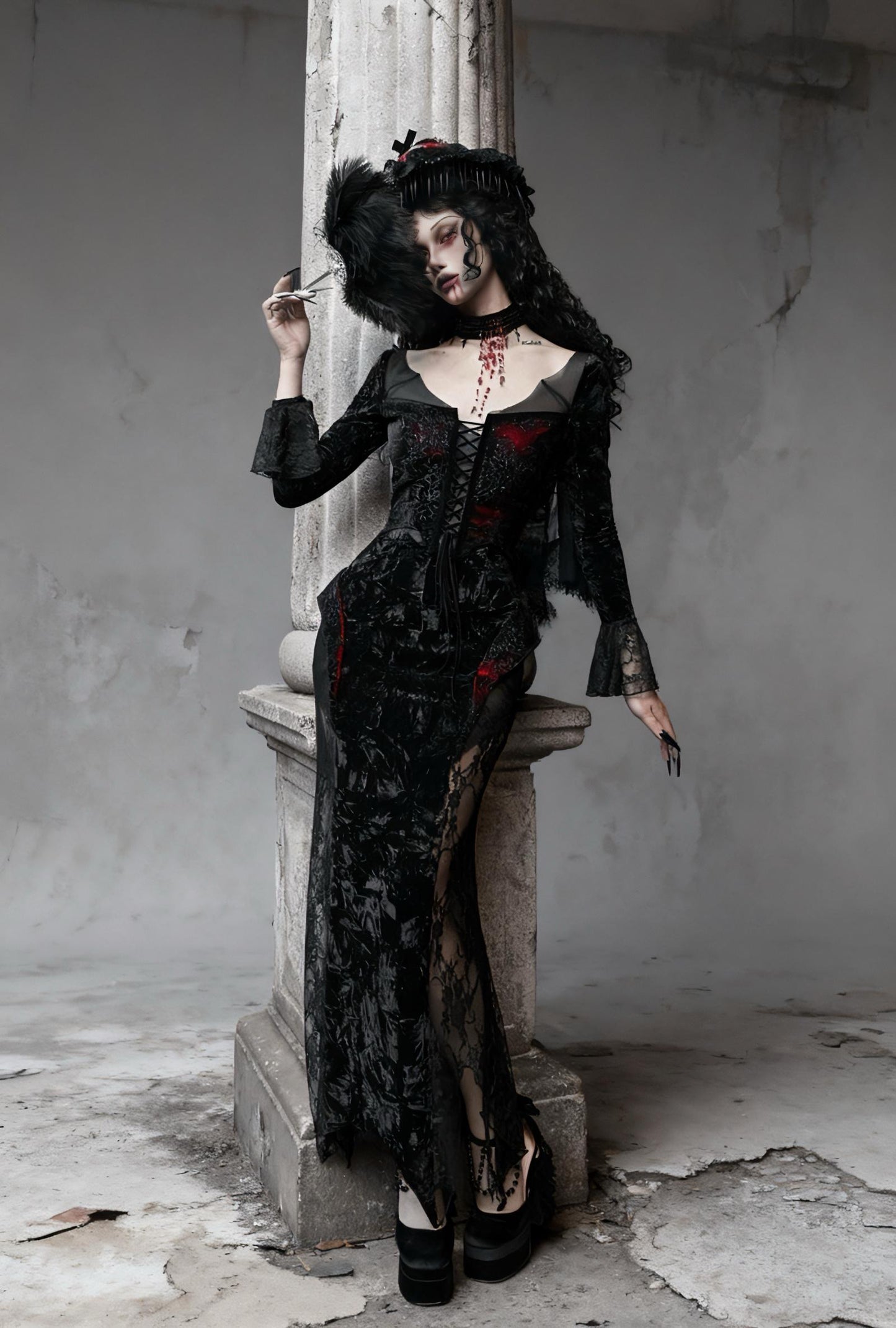 Scarlet Witch Gothic Mermaid Dress – Red Velvet Lace Vampire Gown, Dark Romance Corset Maxi Dress, Holiday Masquerade Outfit, Gift for her