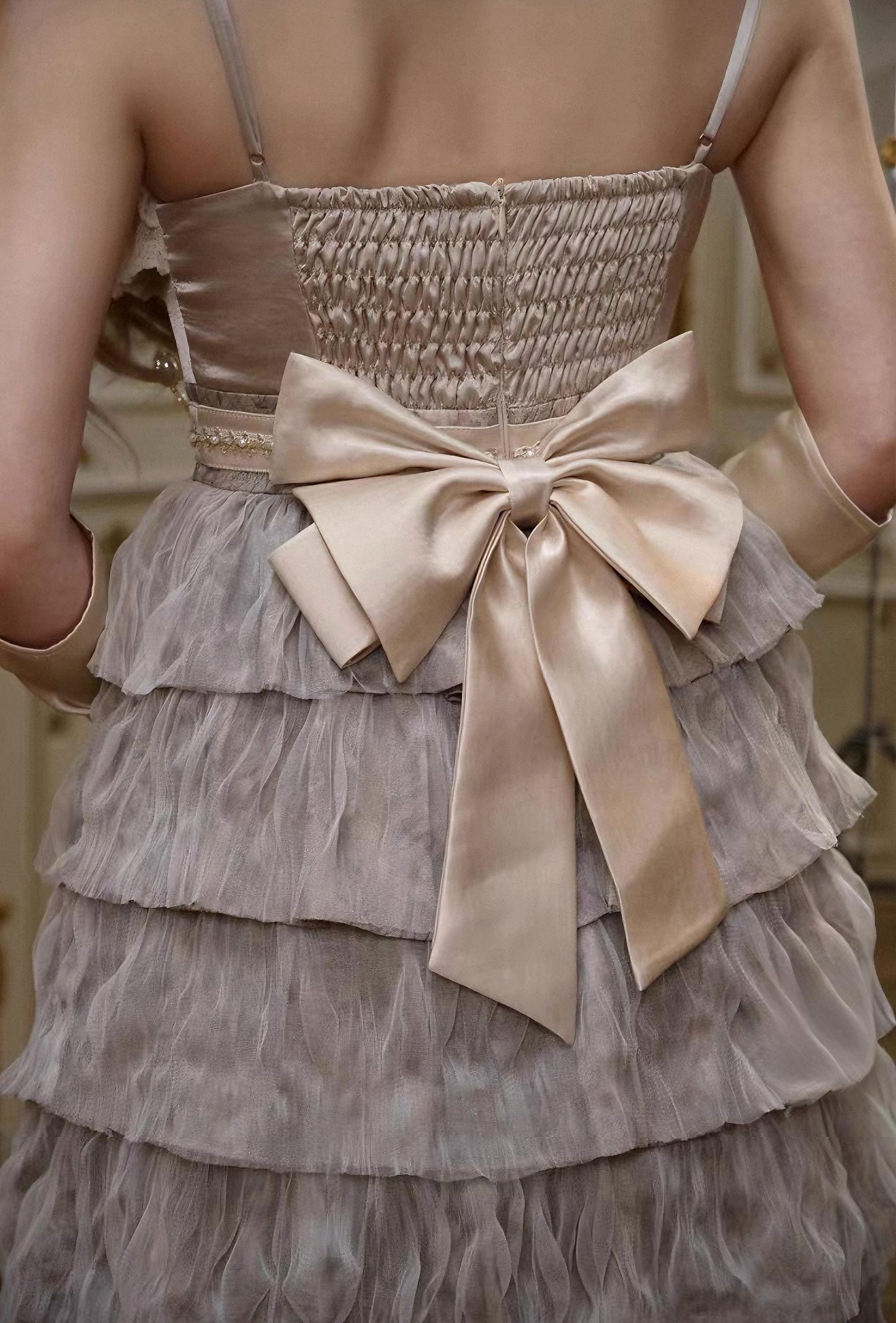 Vintage Ruffled Lace Dress with Detachable Bow | Romantic French Style Dress | Gift for Her, Birthday, Party Dress, Crystal Tights Set