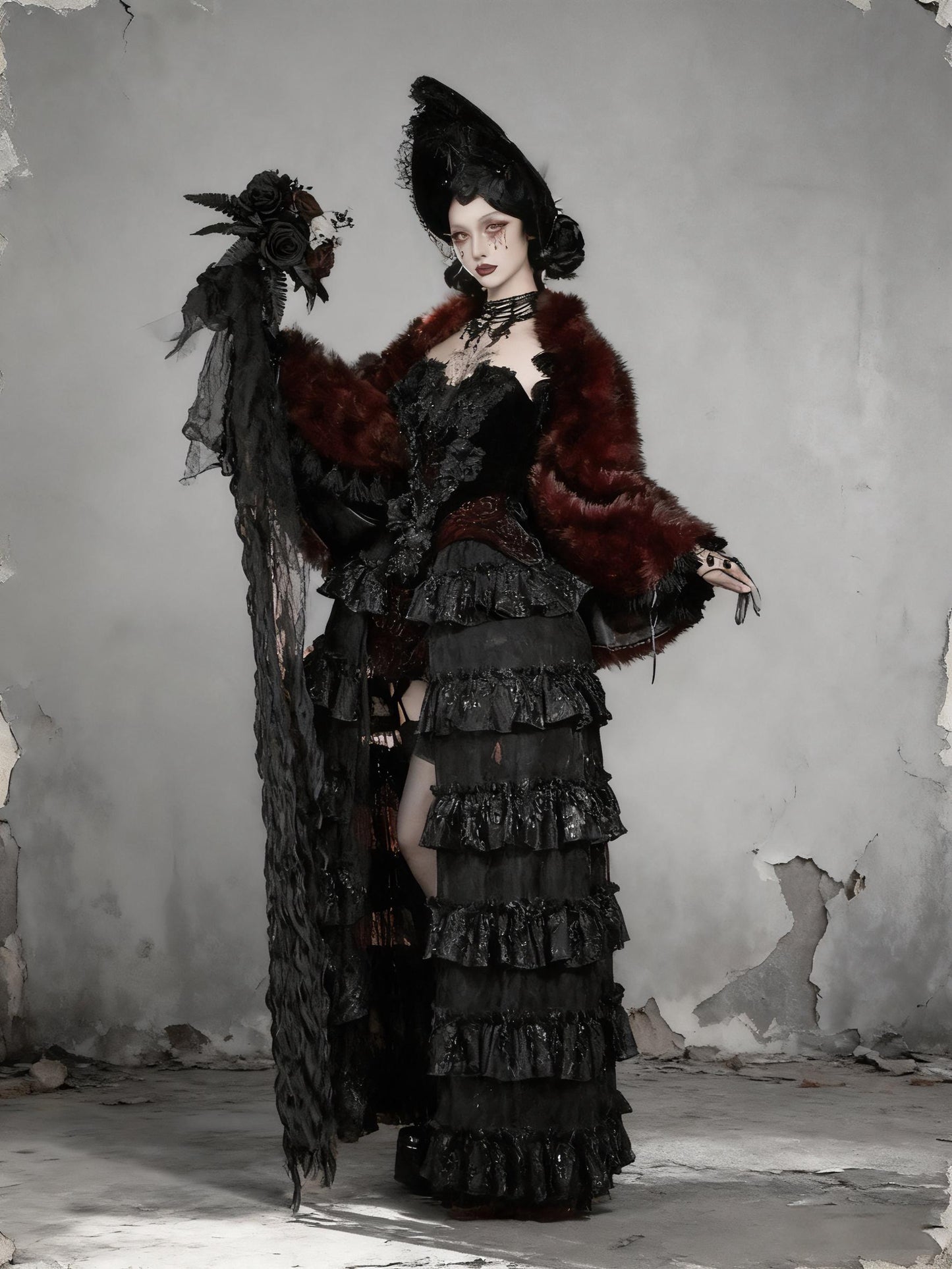 Crimson Duchess Faux Fur Shawl | Gothic Holiday Outwear, Vintage Red Wrap Coat for Christmas Party, Winter Ball & New Year Gala