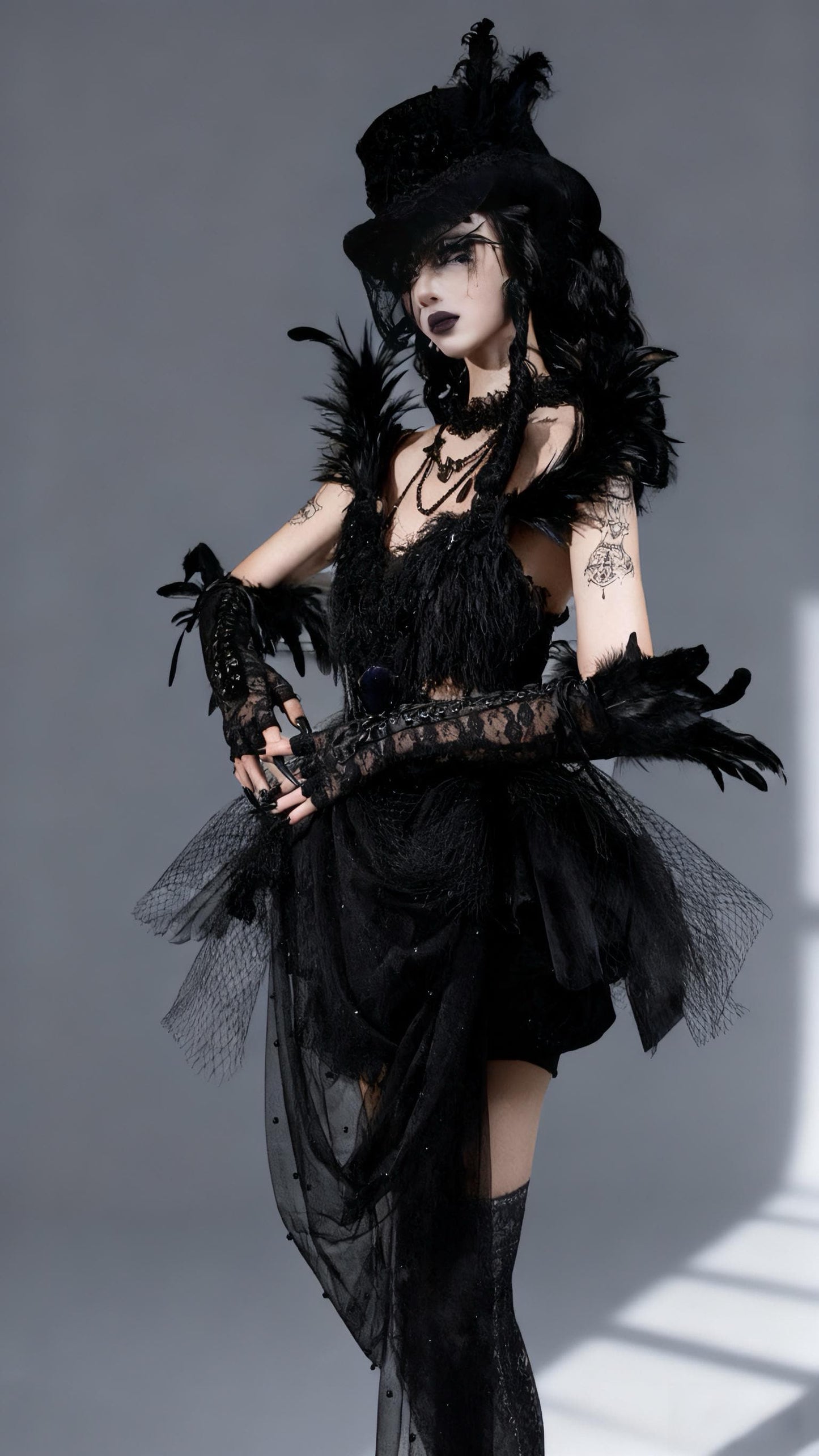 gothic feather dress with detachable tulle train corset mini dress