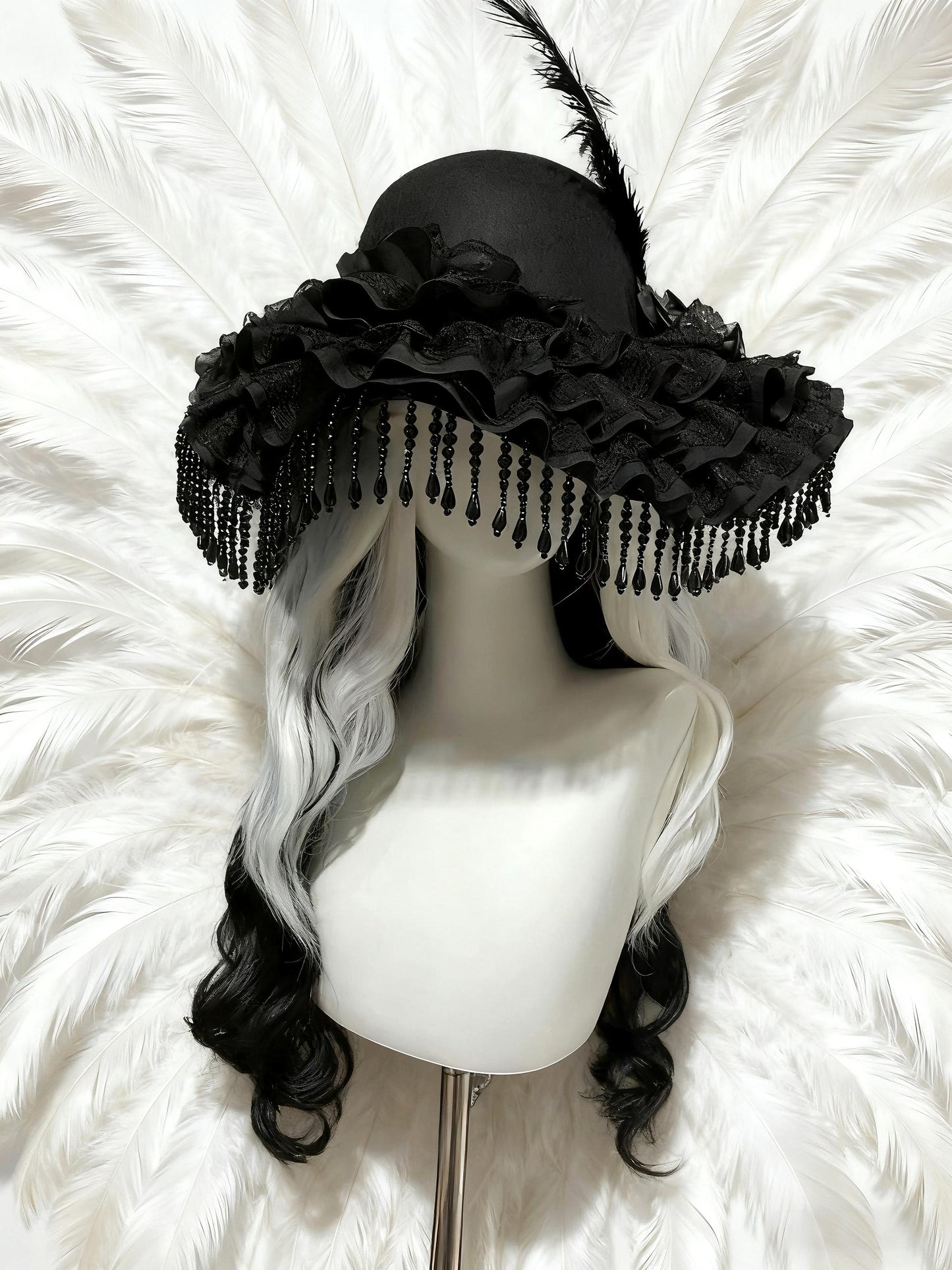 Manor Mistress Gothic Hat – Black Wool Felt Victorian Feather Hat, Baroque Lace Ruffle Bonnet with Beaded Fringe, Vampire Costume Accessory