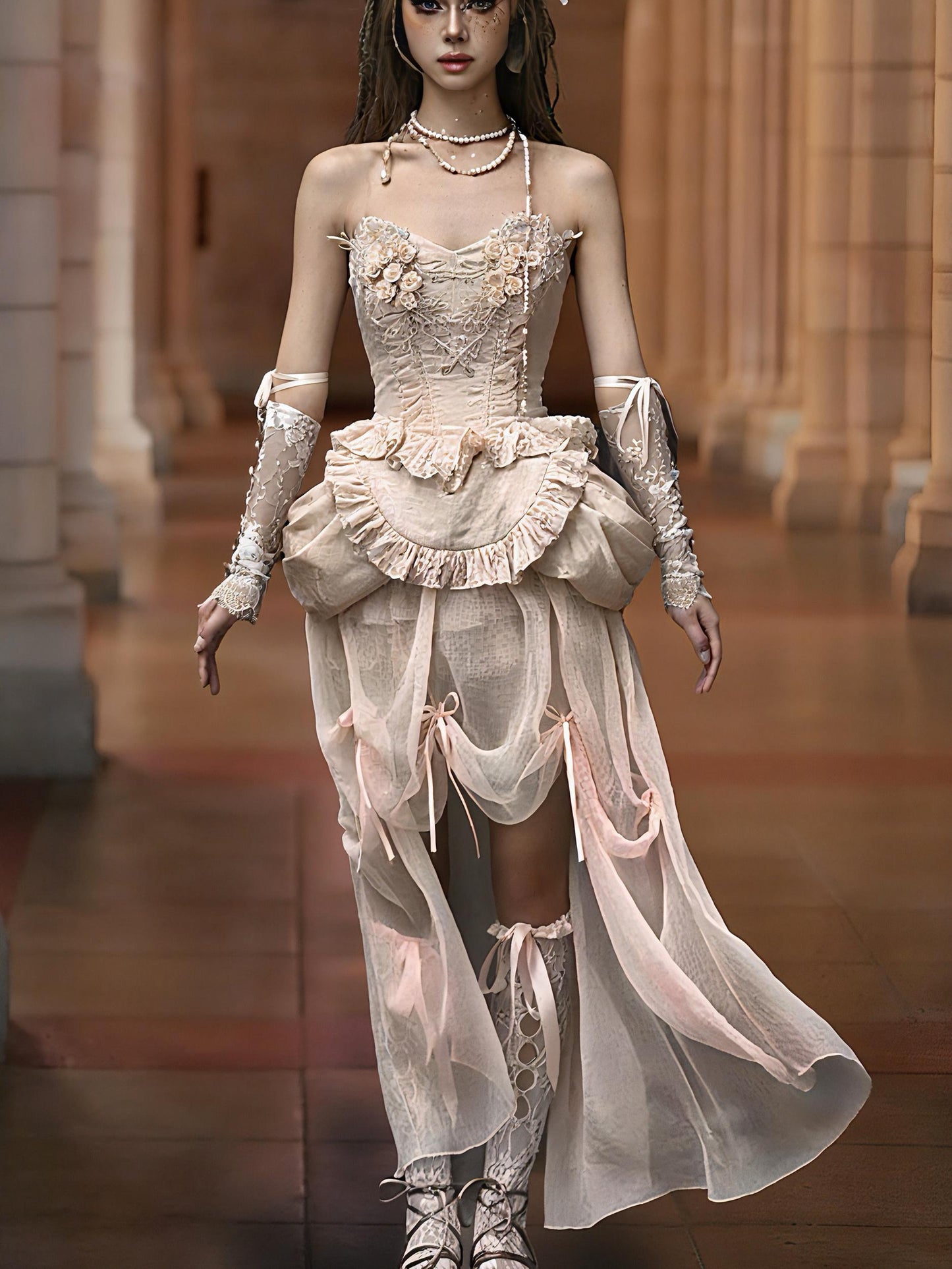 Rococo Blush Garden Corset | 3D Rose Lace Bodice, Fairycore Apron Peplum, Bridal fantasy themes, Xmas & New Year Outfit, Baroque Party Dress