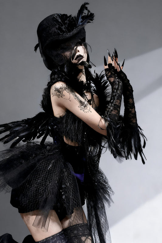 Dark Swan Gothic Feather Corset  Mini Dress with Detachable Beaded Necklace, Black Ballet Dress, Couture Mini Dress, RaveWear, Burningman