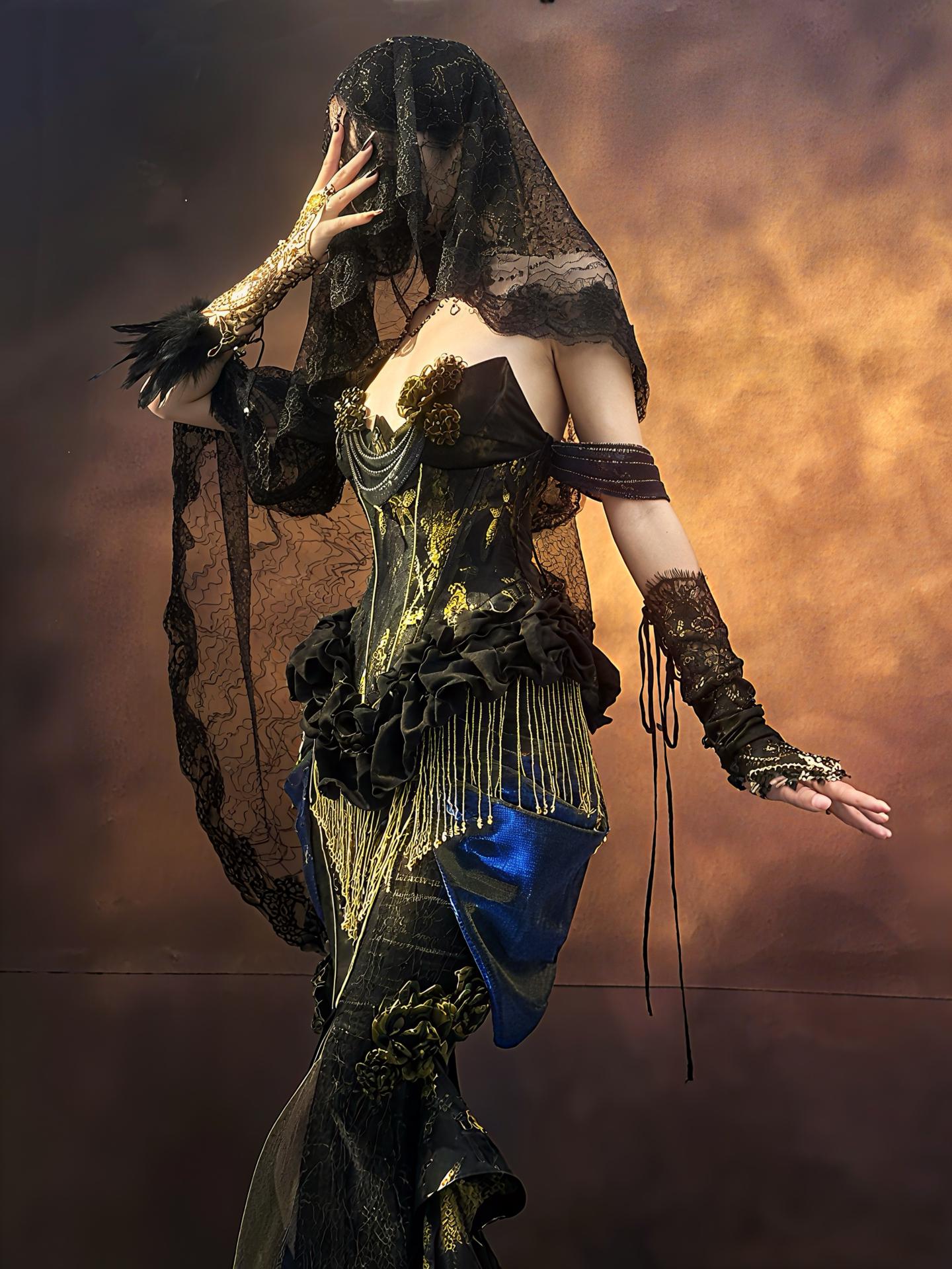 Golden Time Gothic Corset Dress, Baroque Gold Renaissance Gown, Victorian Masquerade Costume, Dark Romance Party Outfit, winter dress