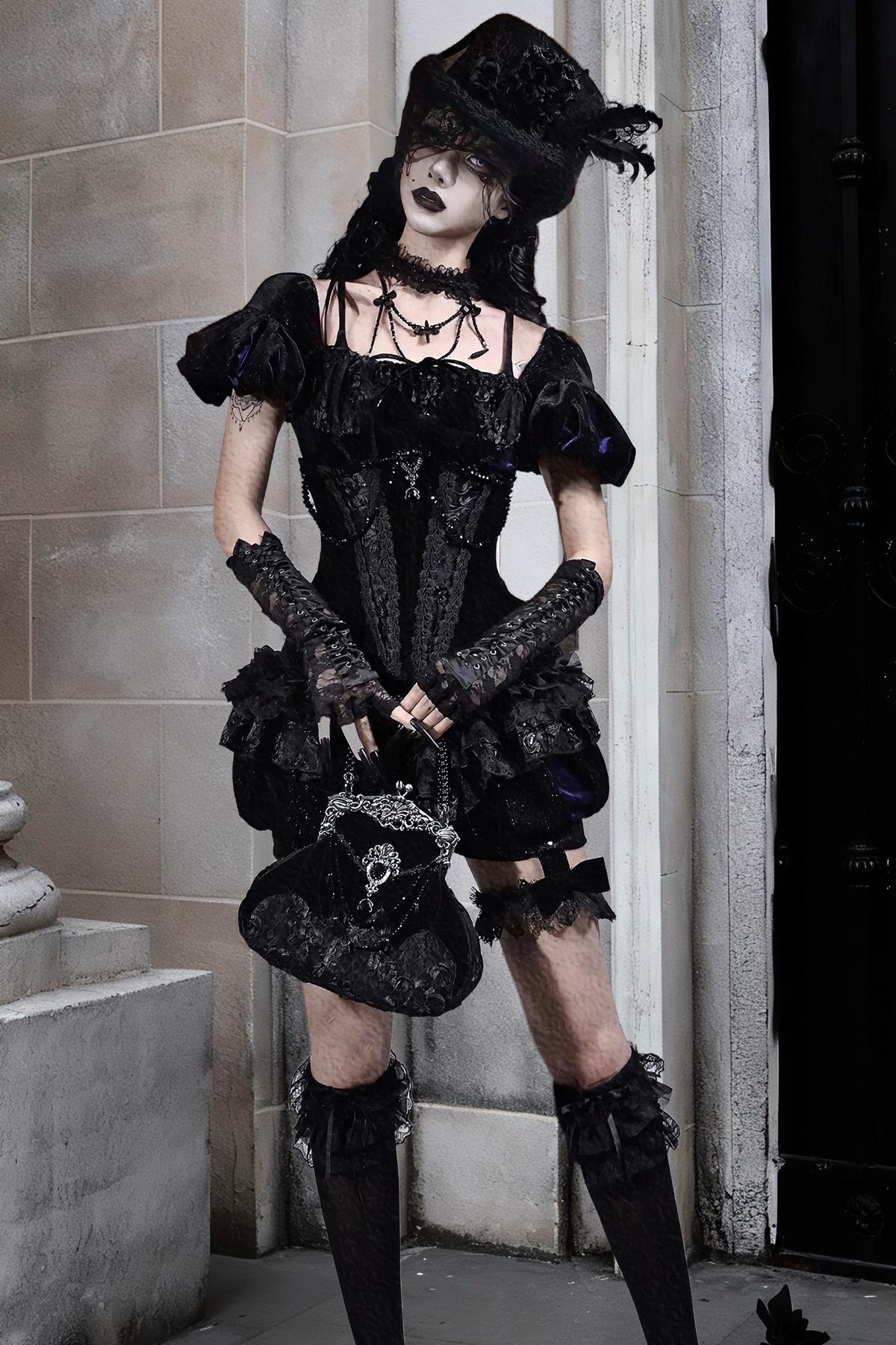 Nocturne Ruffle Bloomers | Gothic Lace Shorts with Detachable Garters, Victorian Baroque Ruffled Lingerie, Dark Romantic Outfit