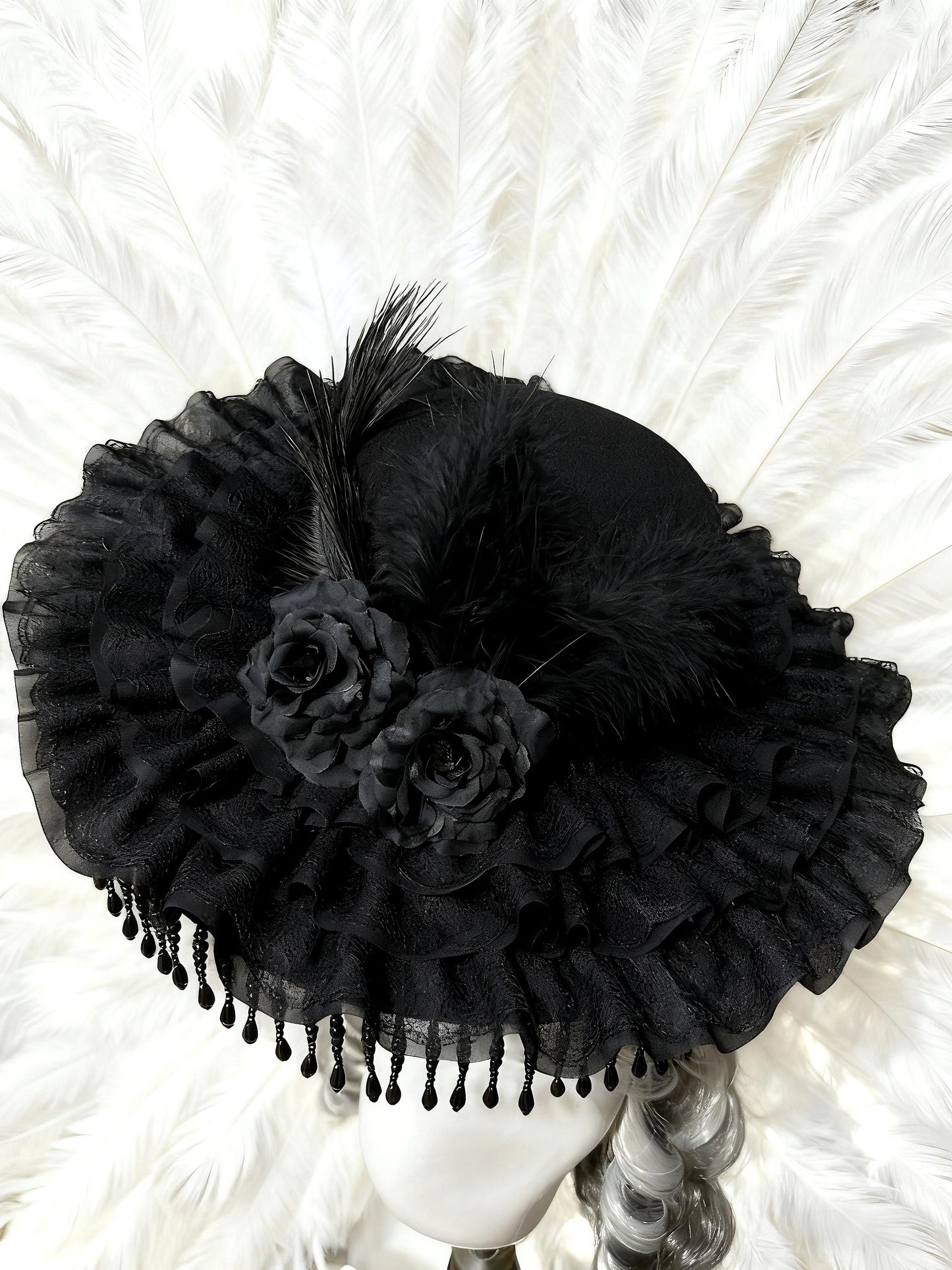 The Mourning Duchess – Gothic Black Lace Hat with Feathers and Roses, Victorian Baroque Ruffle Bonnet, Gift for Cosplayer