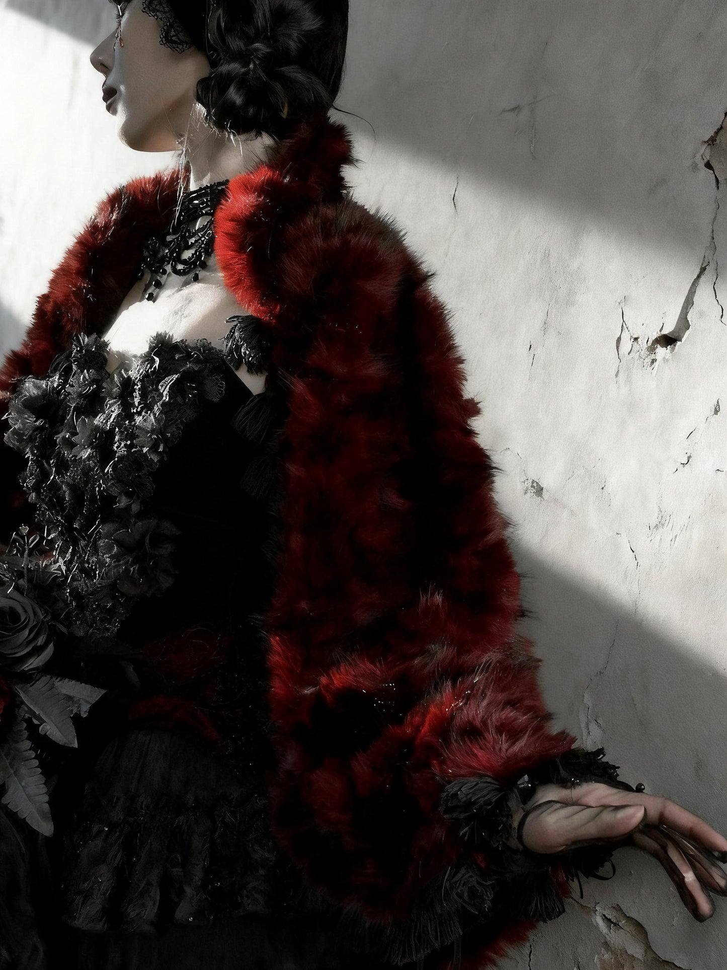 Crimson Duchess Faux Fur Shawl | Gothic Holiday Outwear, Vintage Red Wrap Coat for Christmas Party, Winter Ball & New Year Gala