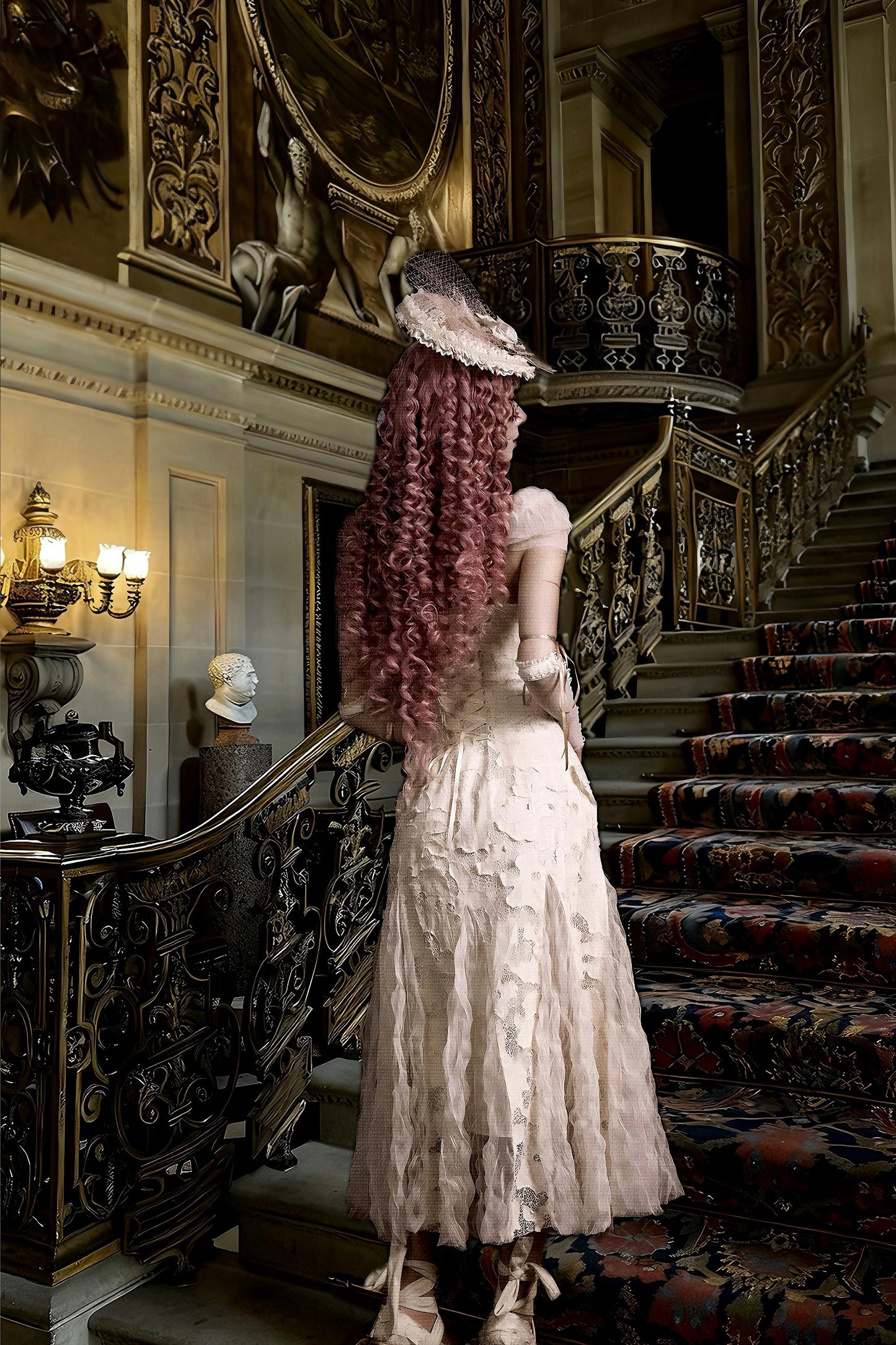 Balletcore lace dress side view vintage pink lace gown