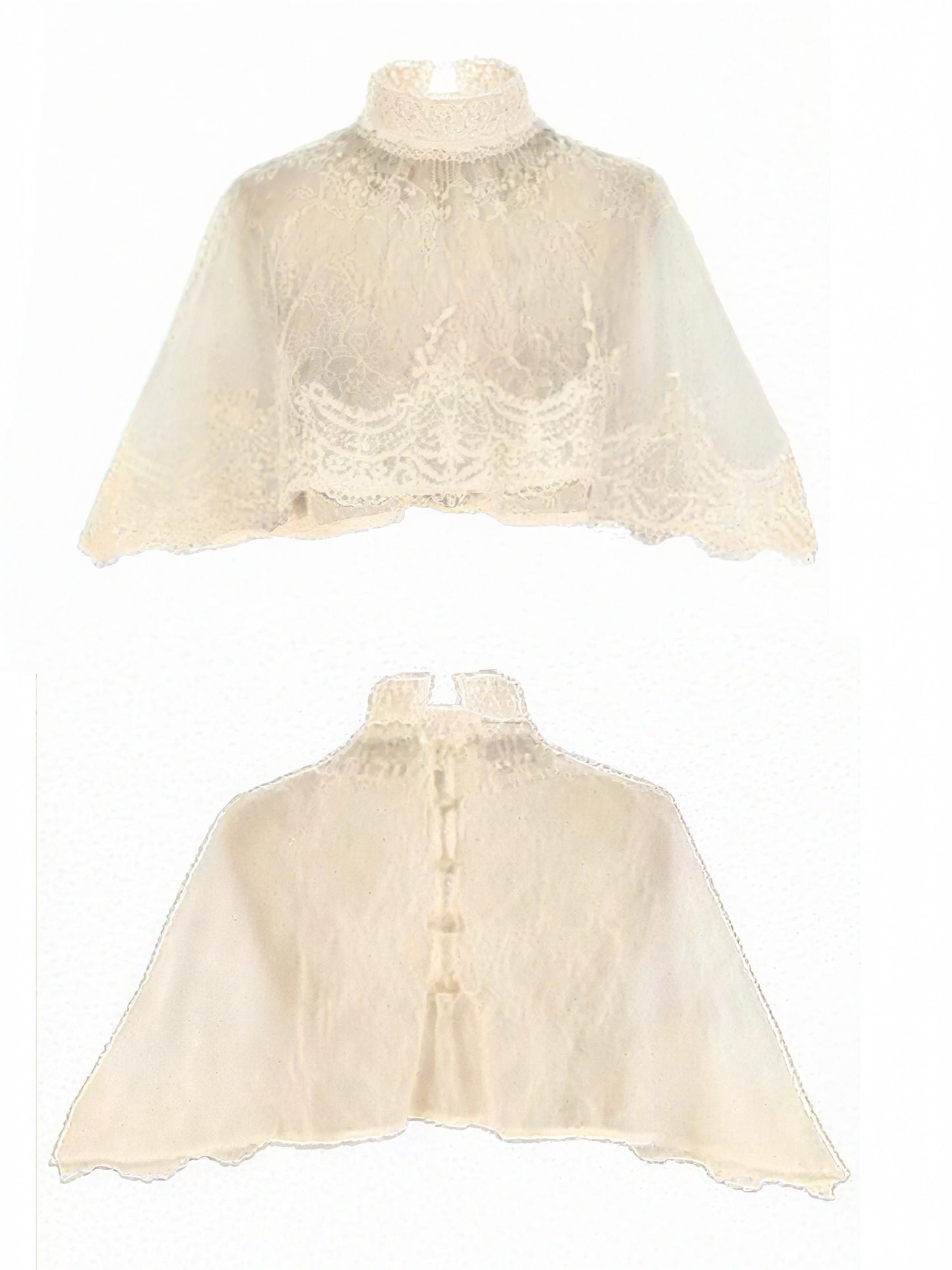 Victorian Lace Cape Top with Pearl Necklace, Sheer Gothic Lace Blouse, Antique Style Beaded Necklace, Romantic Gothic Layering Piece