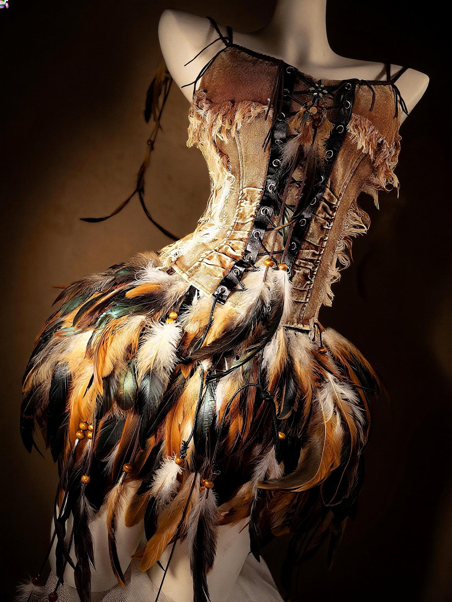 Wild Huntress Feather Costume, Denim & Feathers Ritual Costume, Earth Spirit Feather Corset and Skirts, Warrior Feather, Burningman Outfit