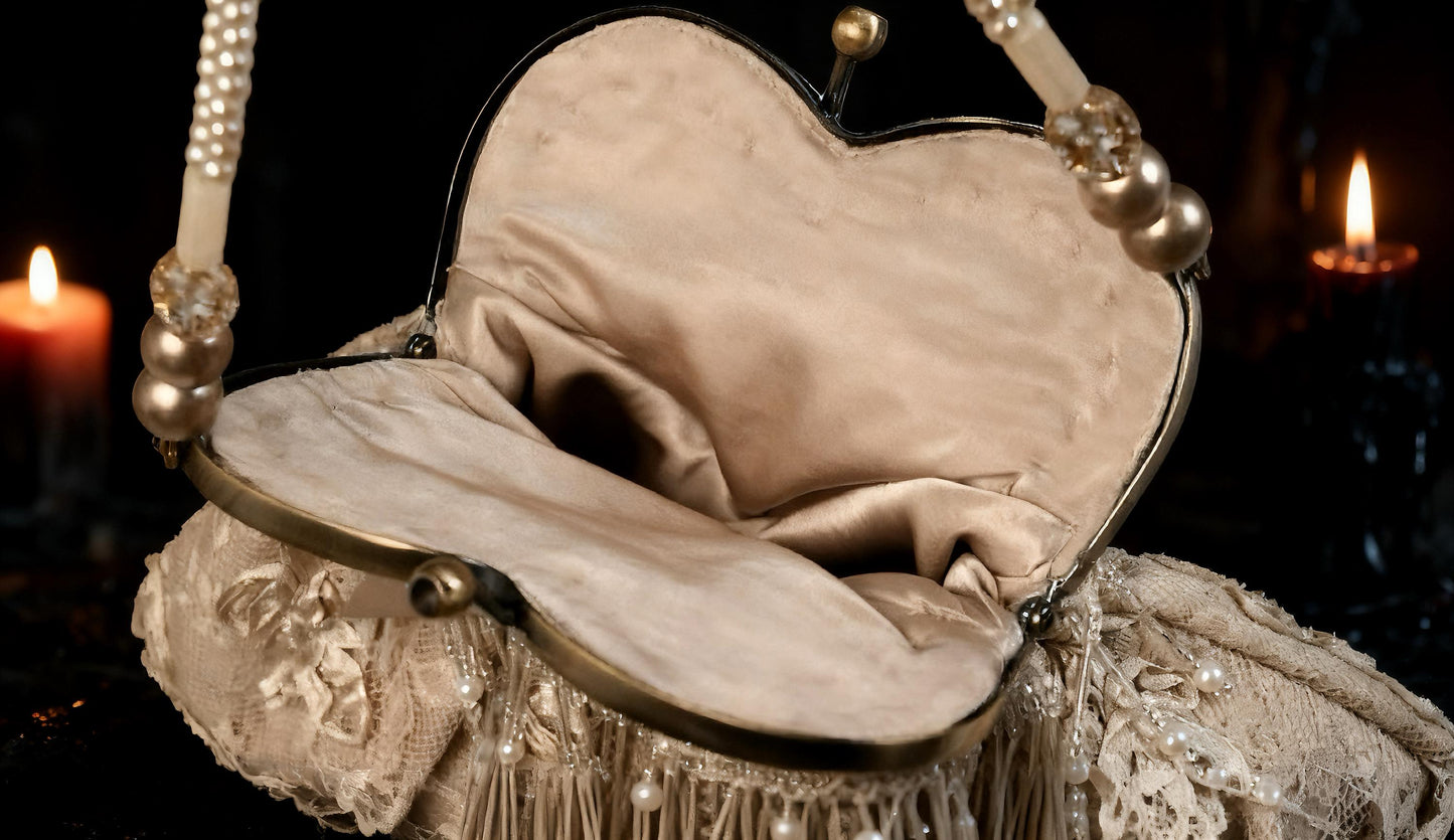 Medieal Victorian Lolita Heart Vintage Purse – Gothic Embroidered Satin Handbag with Pearls & Antique Metal Frame, Black Wedding Gift