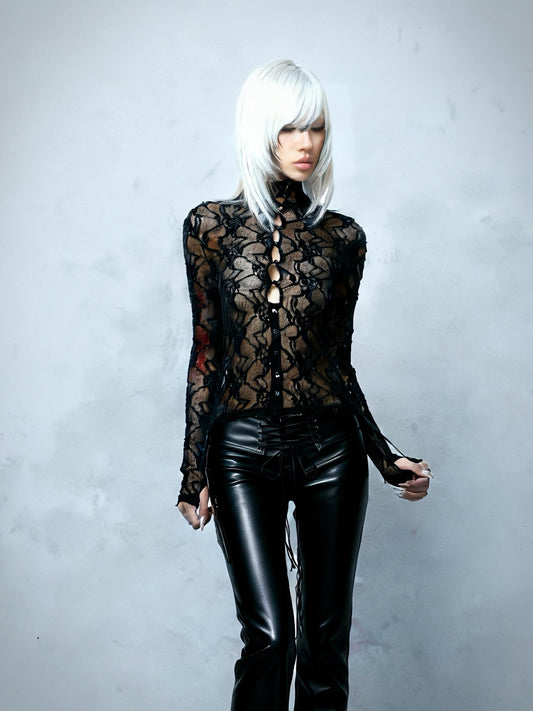 Gothic Black Lace Convertible Sheer Blouse, 2-Way Sheer Corset-Inspired Top, Long Sleeve or Sleeveless Camisole, Grunge Darkwear