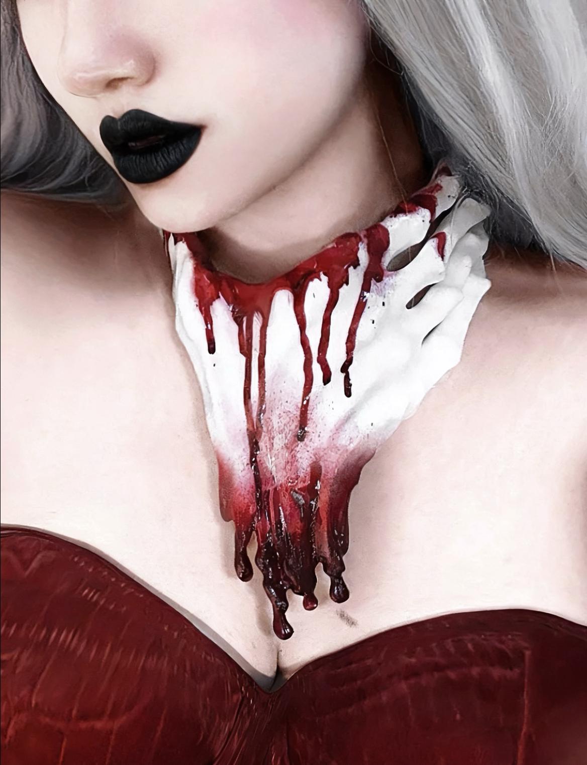 Gothic Skeleton Hand Necklace – 3D Printed Resin Statement Choker with Alloy Chain, Dripping Blood White or Black, Horror Art Jewelry, Rave