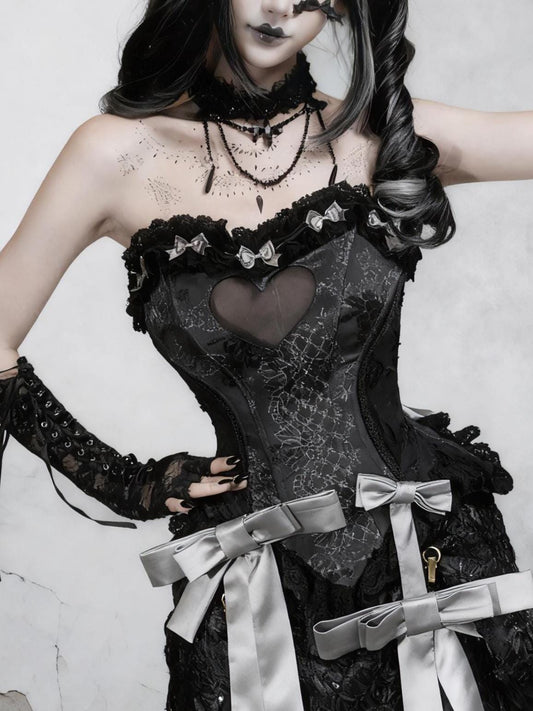 Gothic Black Heart Corset Top – Sheer Mesh Bustier with Jacquard Fabric & Cotton Lace Trim Dark Romantic Lace Up Corset, Gift for Cosplayer