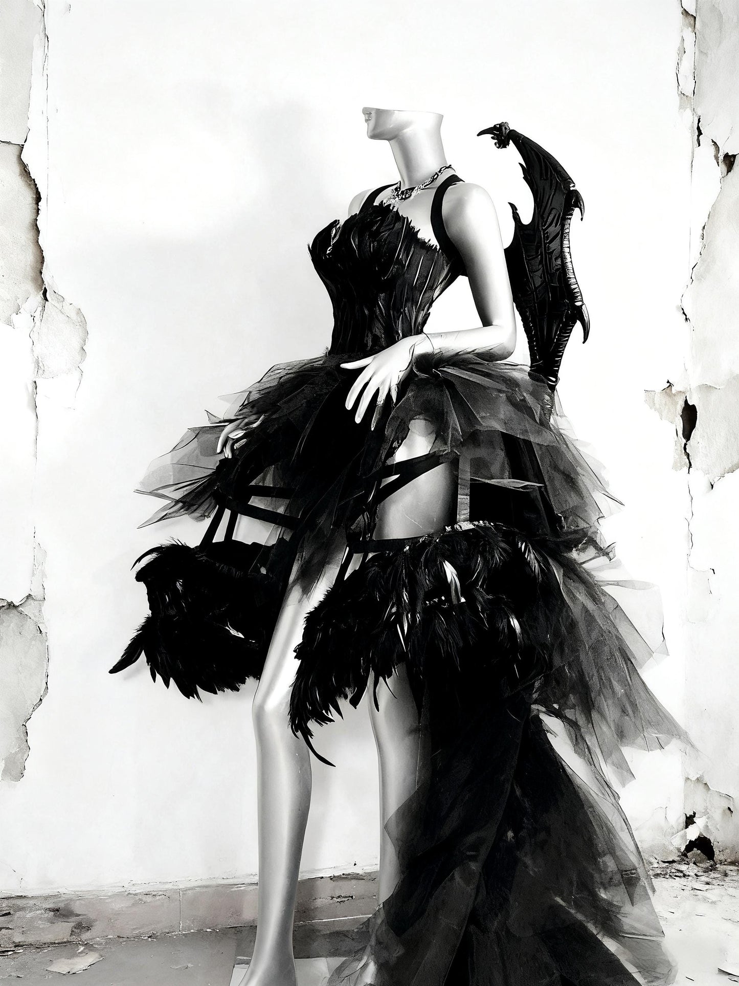 Dark Gothic Rave Festival Outfit, Black Feather Corset Gown with Dragon Wings, Fantasy Cage Skirt Dress for Halloween & Shows, Cosplay