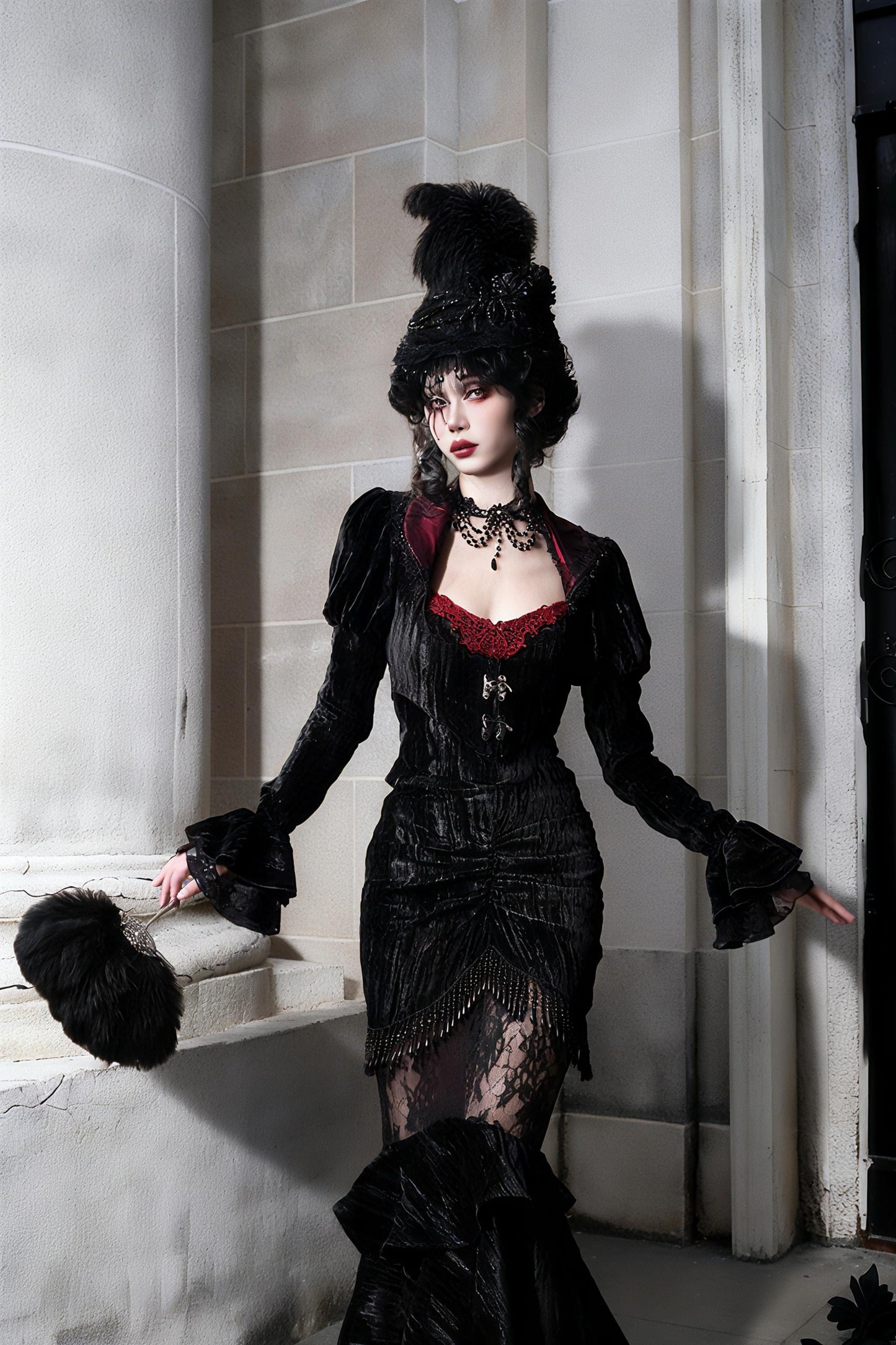 gothic velvet outfit front view corset top mermaid skirt detail